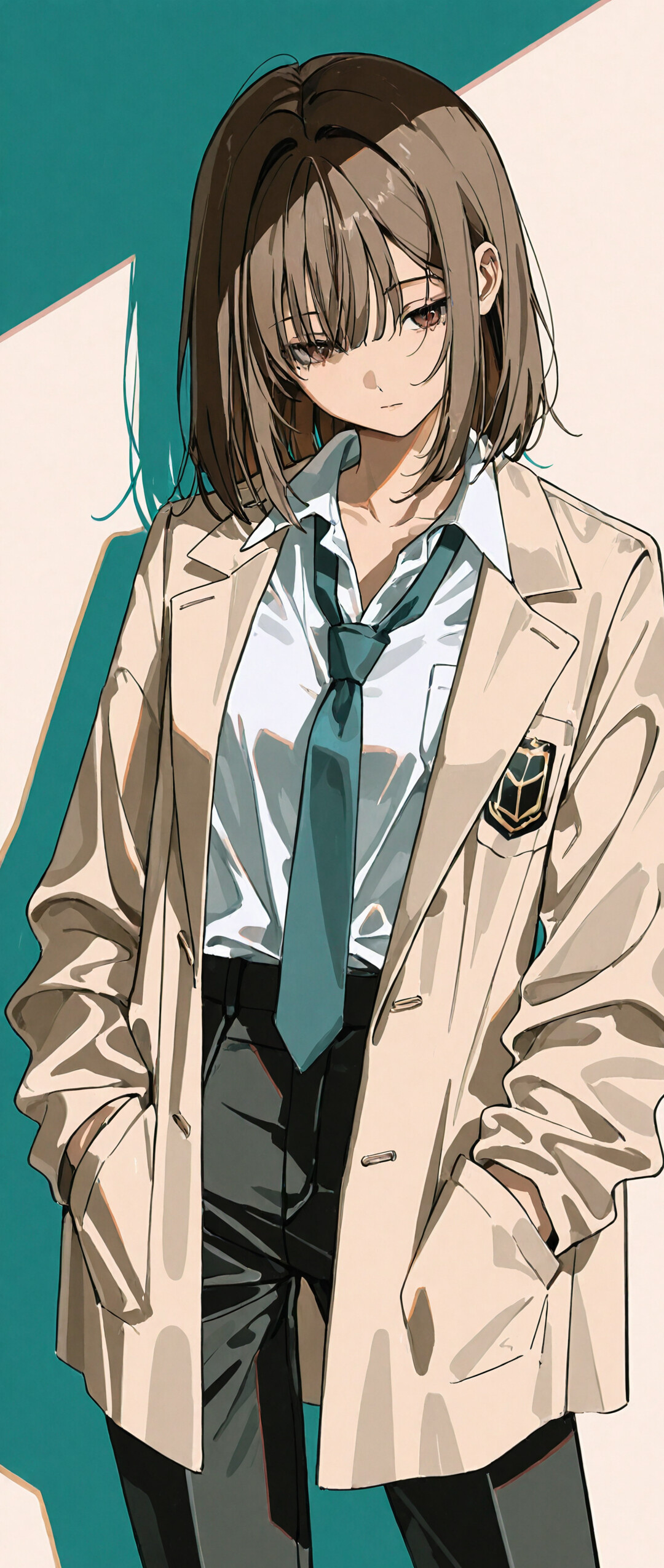 An anime-style illustration of a young woman with short brown hair wearing a beige coat over a white shirt and loose tie. She stands with her hands in her pockets against a teal wall, looking down with a somber expression.