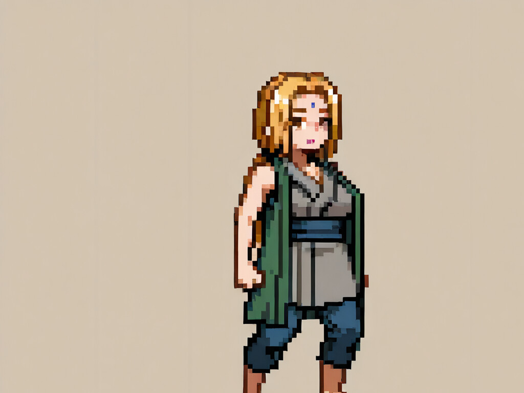 A full-body pixel art sprite of Tsunade from Naruto, standing against a plain beige background. She has blonde hair, a purple mark on her forehead, and is wearing a green sleeveless coat over a grey top and blue pants.