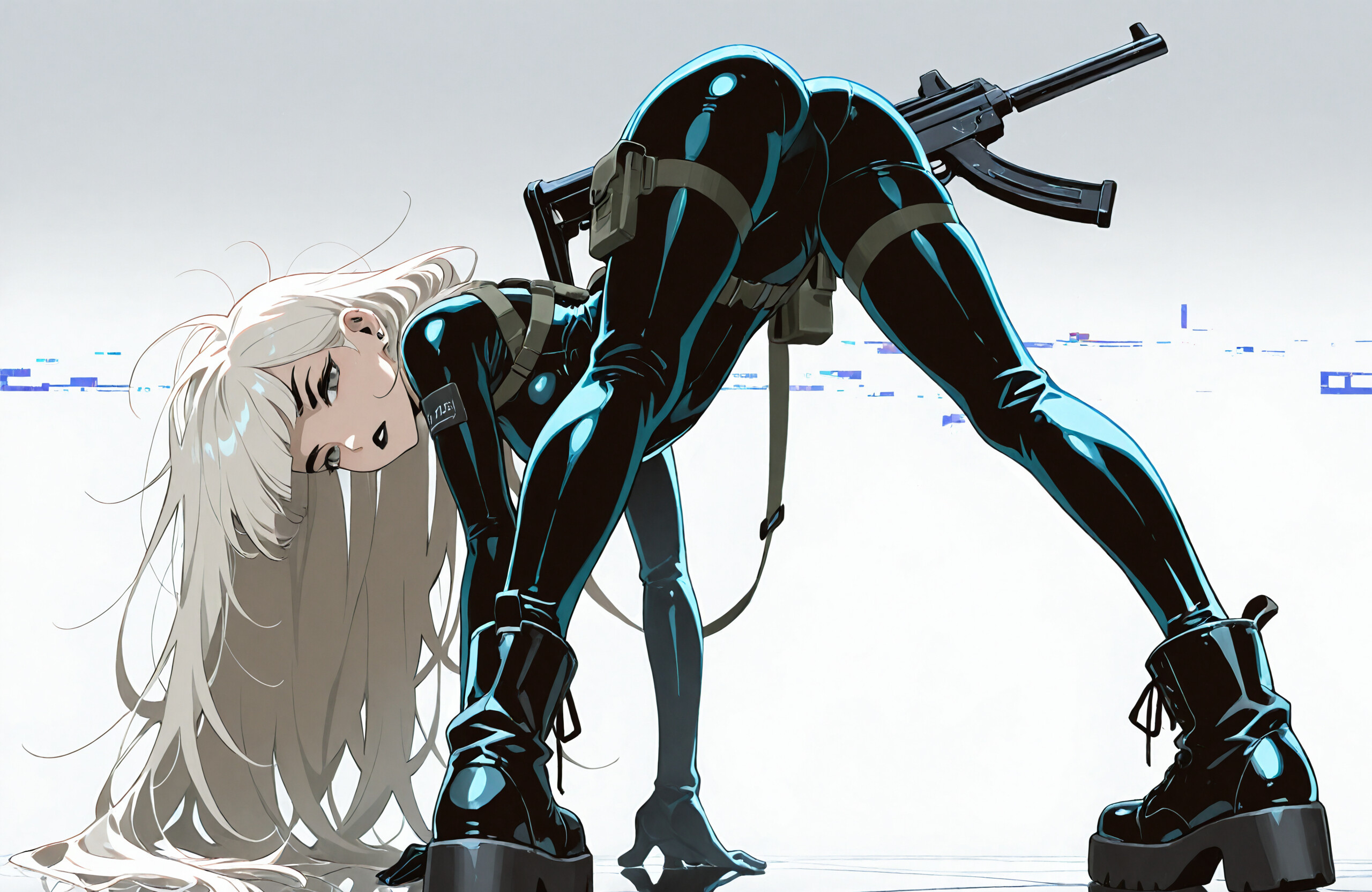 An anime-style woman with long platinum blonde hair in a tight black tactical suit and platform boots, posing with a submachine gun against a grey background.