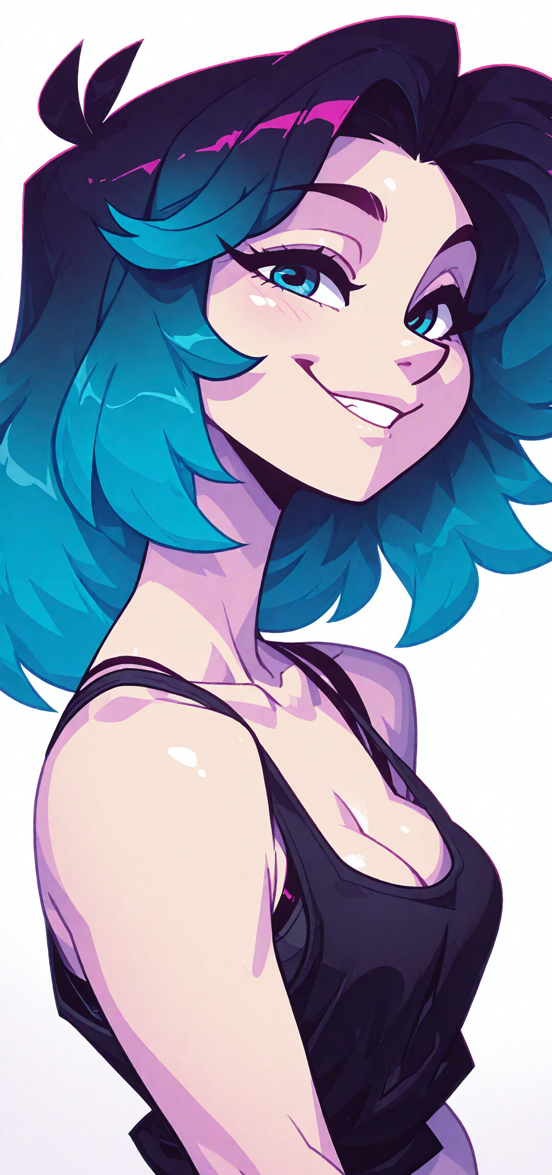 A stylized portrait of a young woman named Raelyn with short, messy blue and purple gradient hair, bright blue eyes, and a wide smile, wearing a black tank top against a white background.