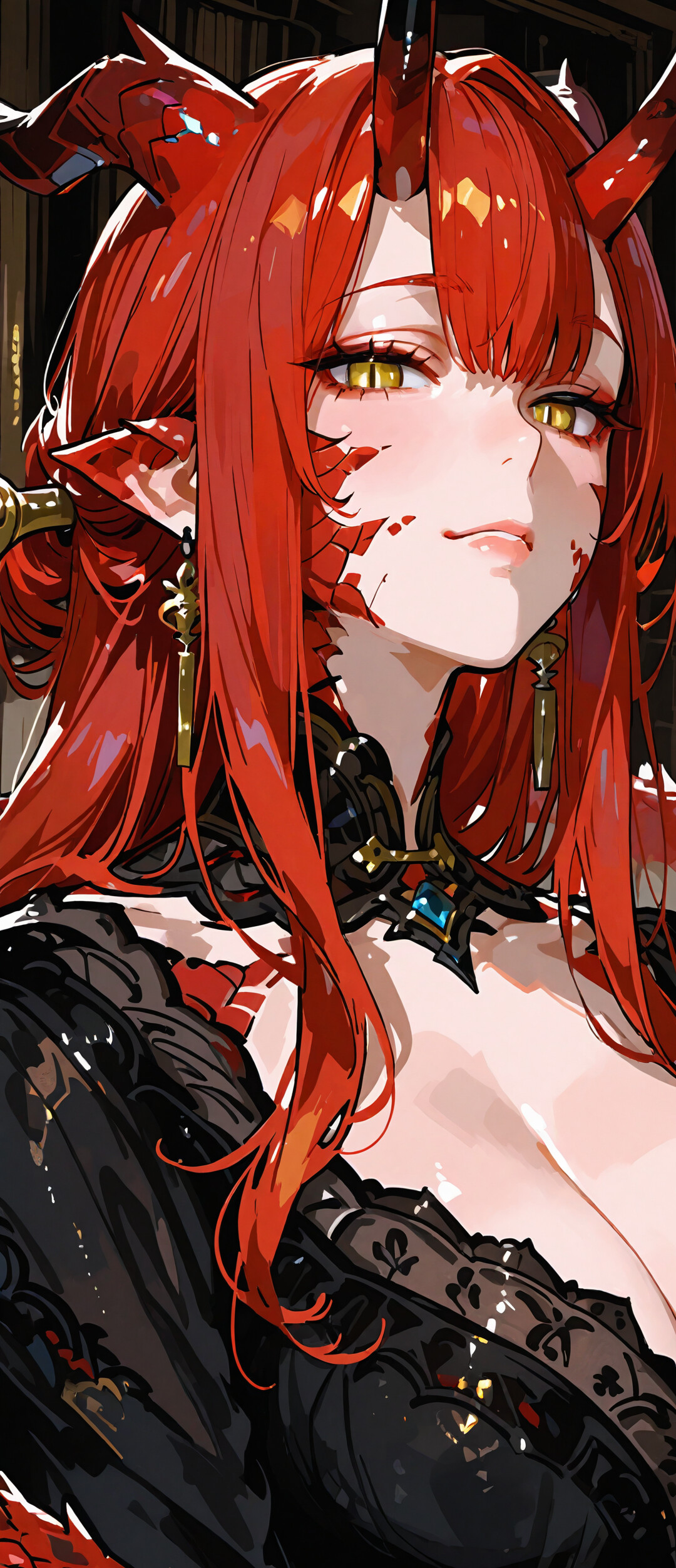 A close-up portrait of an anime-style woman with long red hair, prominent red dragon horns, and piercing golden eyes. She has red scales on her cheeks and neck, and wears an elegant, low-cut black dress.
