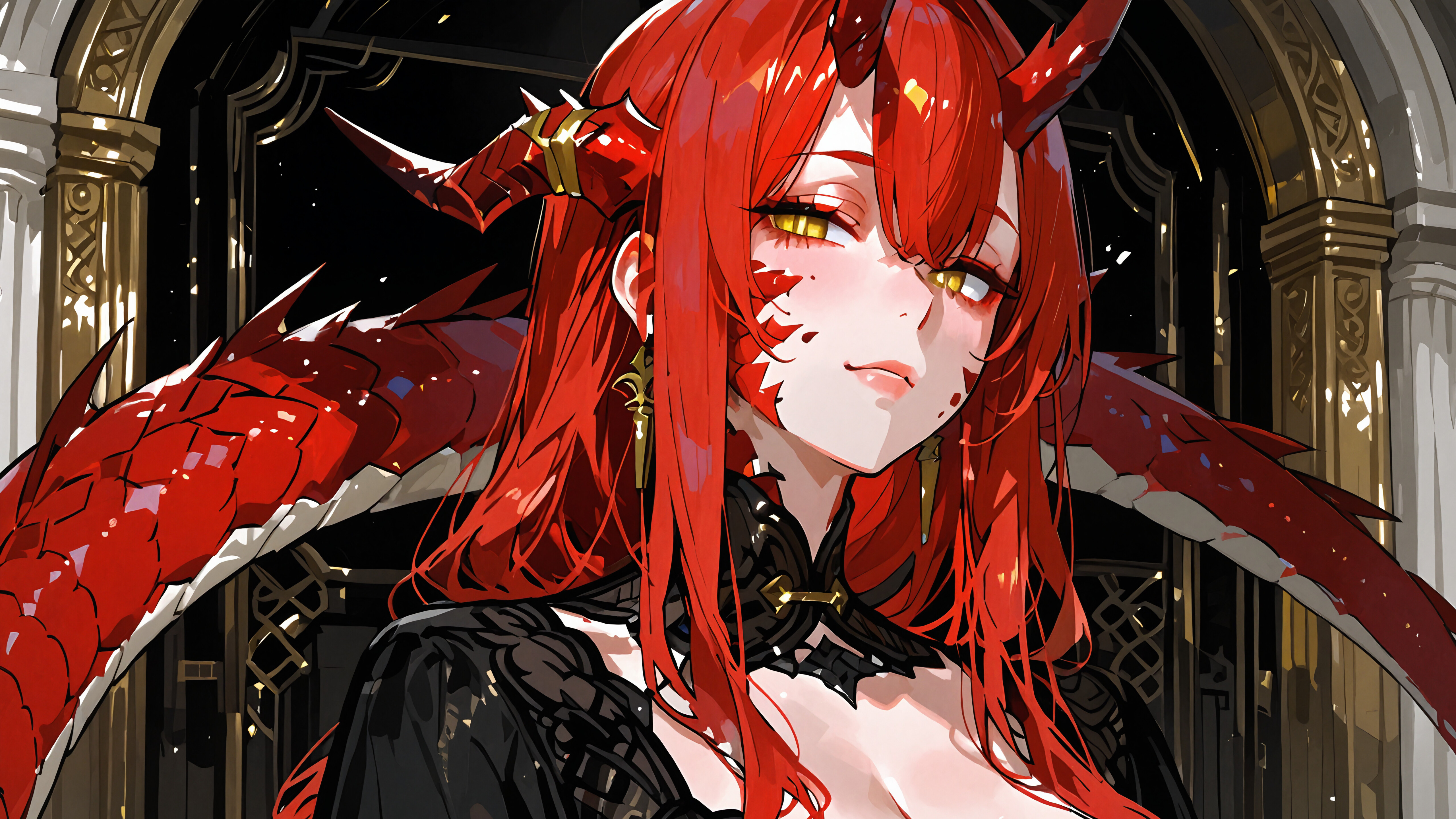 A close-up portrait of an anime-style woman with long red hair, prominent red dragon horns, and piercing golden eyes. She has red scales on her cheeks and neck, and wears an elegant, low-cut black dress.