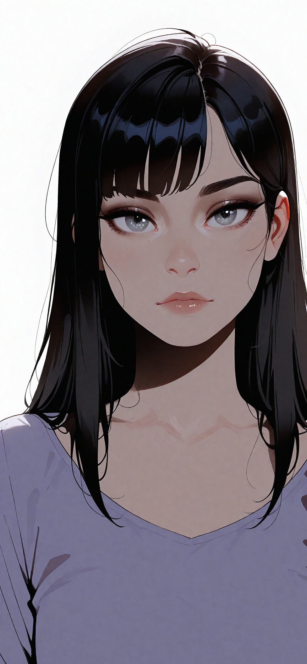 A digital illustration of a young woman with short black hair, bangs, and striking grey eyes, looking directly at the camera. She is wearing a lavender shirt over black straps against a white background.