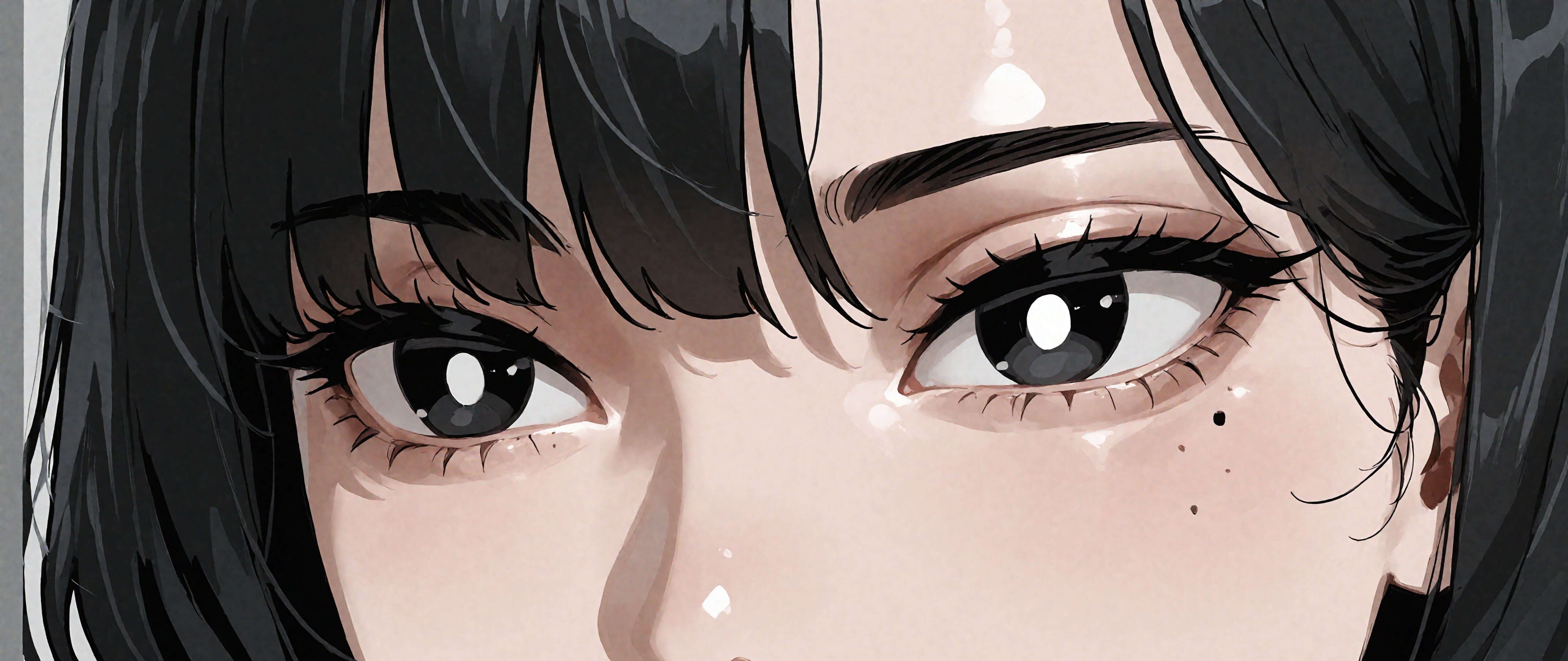 A close-up digital illustration of the face of a young woman with long black hair, pale skin, and large dark eyes with winged eyeliner. She has a few small moles, or beauty marks, under her eyes and is looking forward with a calm expression.