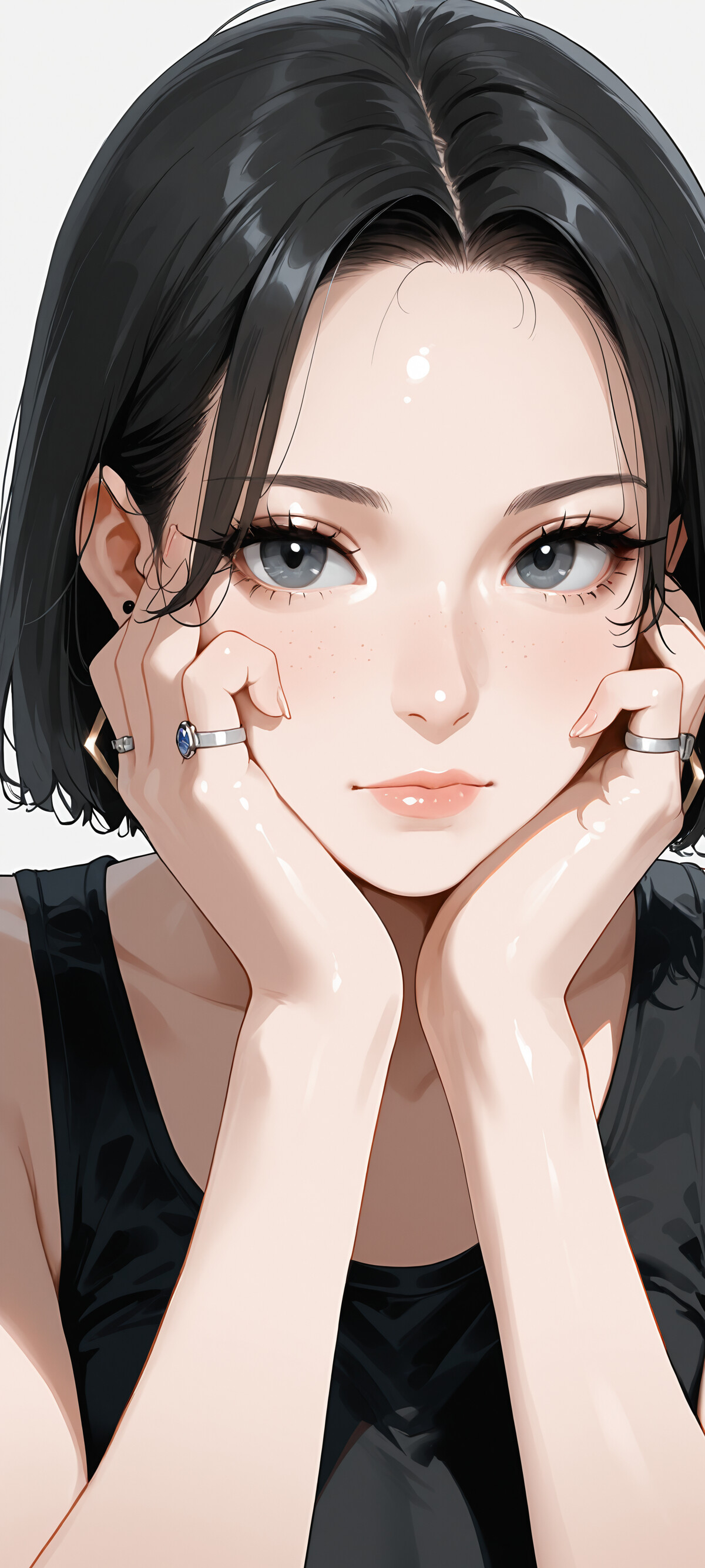 A digital art portrait of a young woman with short black hair and grey eyes. She is wearing a black sleeveless top, resting her chin on her hands, and looking directly forward with a calm expression.