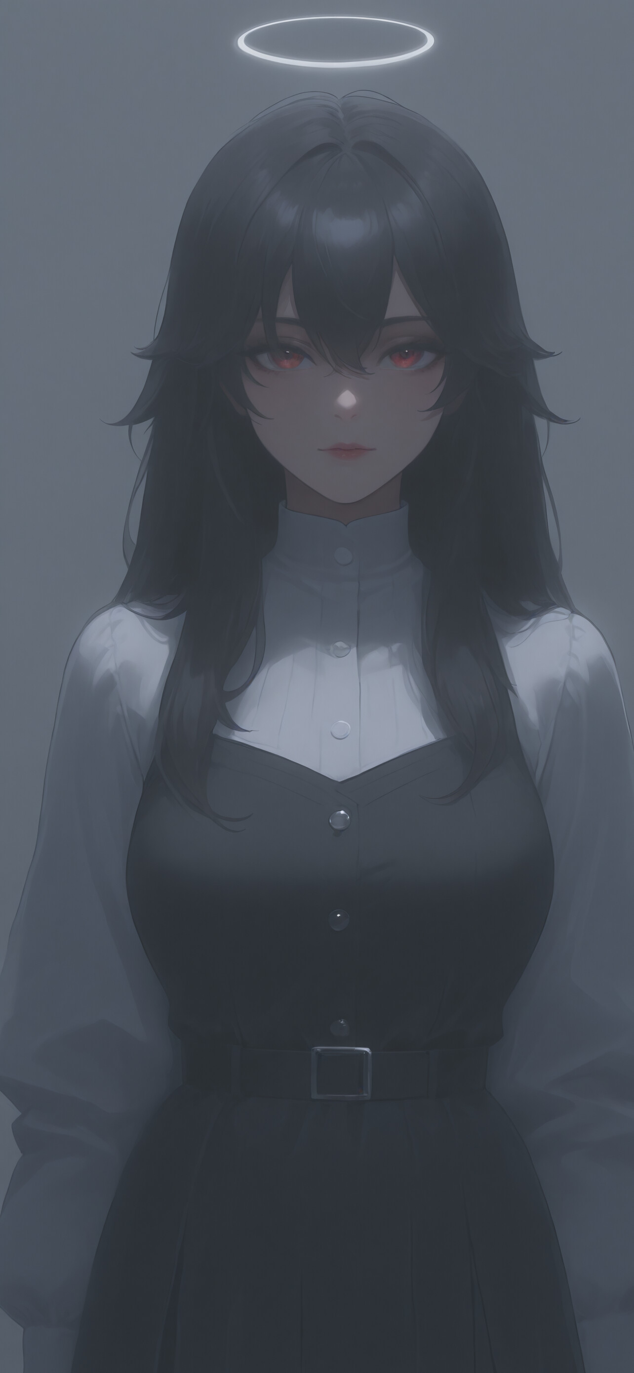 A bust-up portrait of an anime-style girl with short black hair and gray eyes. She is wearing a white blouse, a black bow, and a black pinafore dress with a belt. She has a neutral, serious expression and is looking directly at the viewer.