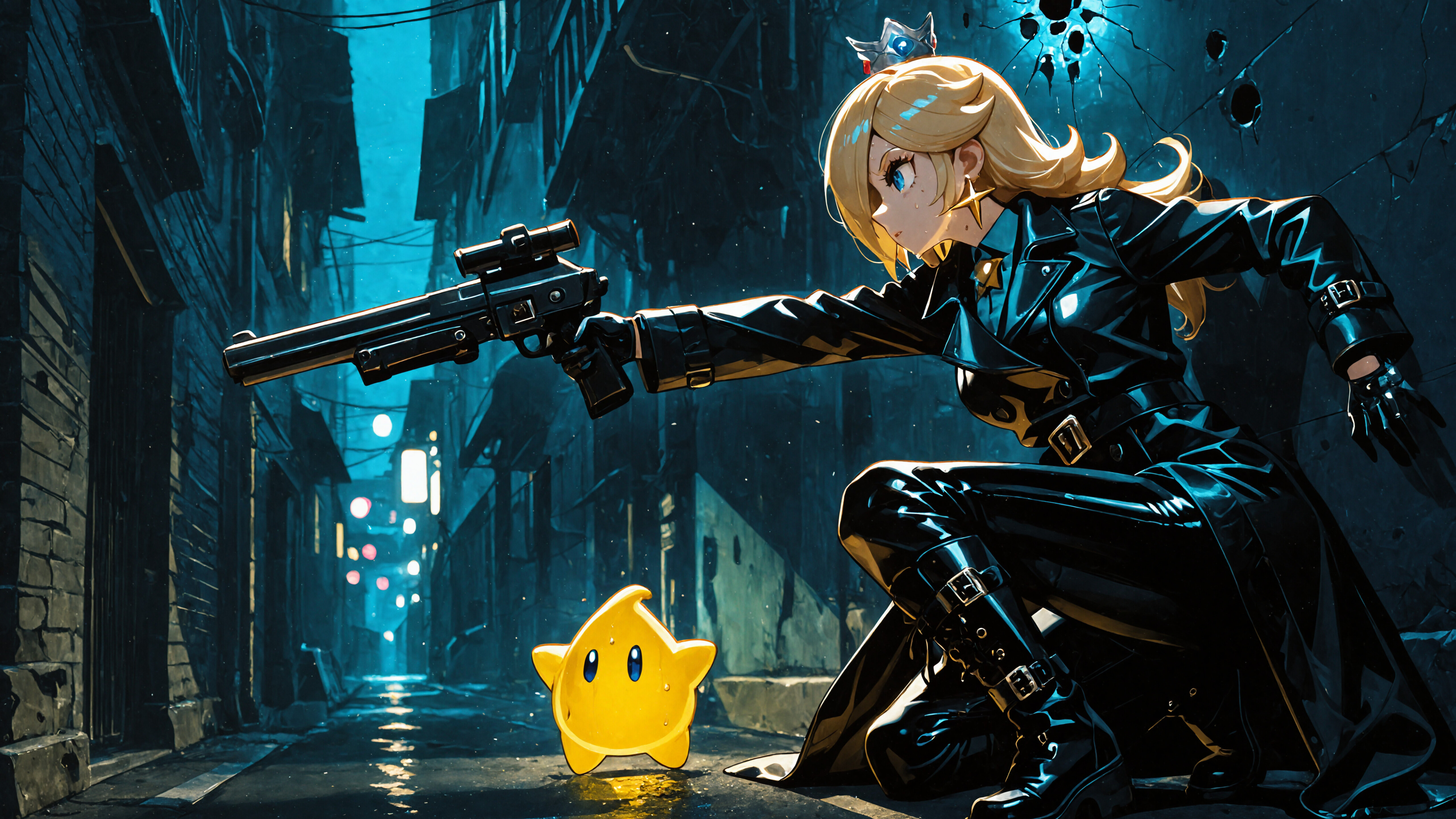 An anime-style illustration of Princess Rosalina from Super Mario, dressed in a black leather trench coat and pants, kneeling in a dark alley and aiming a sniper rifle. A small, glowing yellow star creature, a Luma, floats beside her.