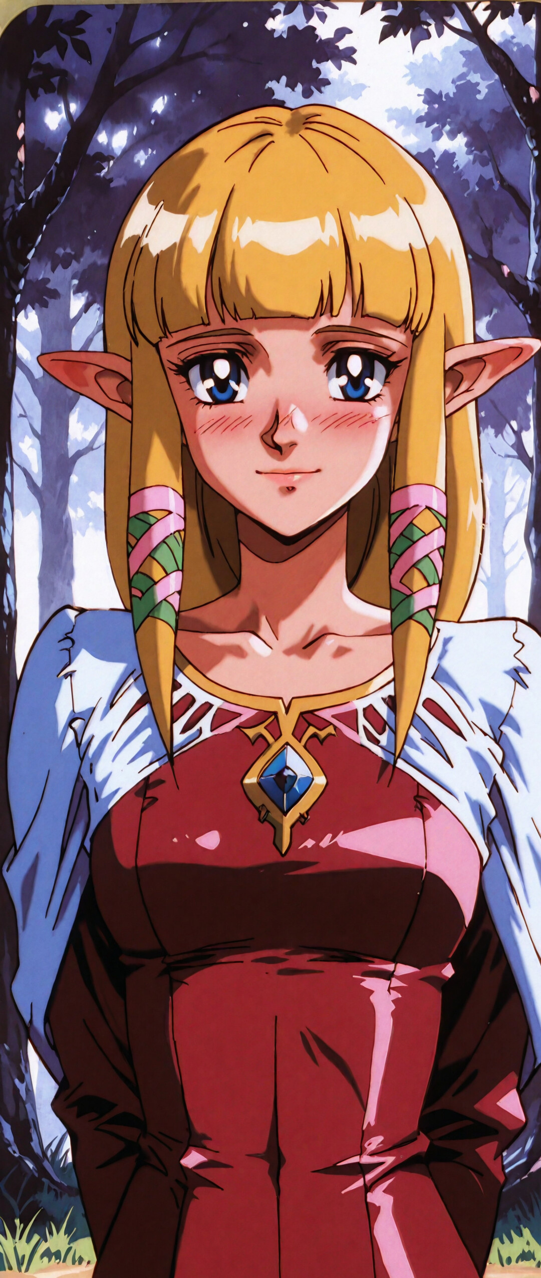An illustration of Princess Zelda from Skyward Sword depicted in a 90s anime style. She has long blonde hair, pointed ears, and blue eyes, and is blushing with a soft smile. She is wearing a pink and red dress with a white shawl in a forest.