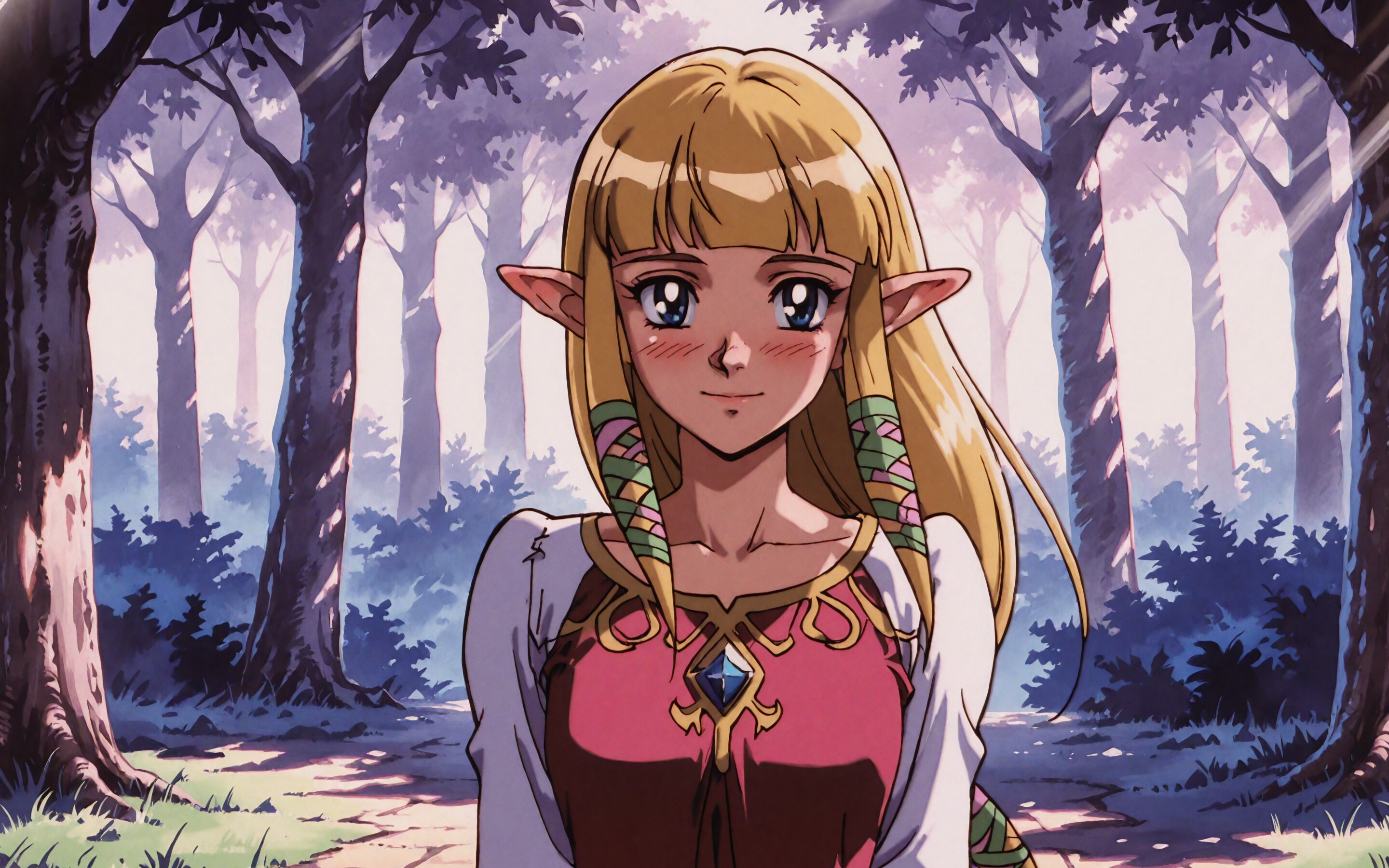 An illustration of Princess Zelda from Skyward Sword depicted in a 90s anime style. She has long blonde hair, pointed ears, and blue eyes, and is blushing with a soft smile. She is wearing a pink and red dress with a white shawl in a forest.