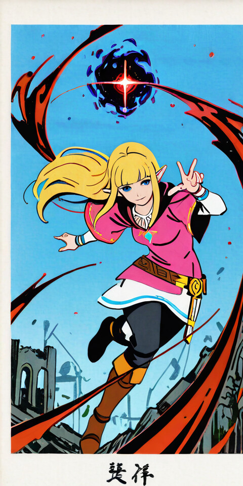 A full-body illustration of Princess Zelda from The Legend of Zelda: Skyward Sword, depicted in a Japanese ukiyo-e art style. She has blonde hair and a slight smile as she casts a swirling black and red magic spell from her right hand. The background shows dark ruins against a deep blue, starry night sky.