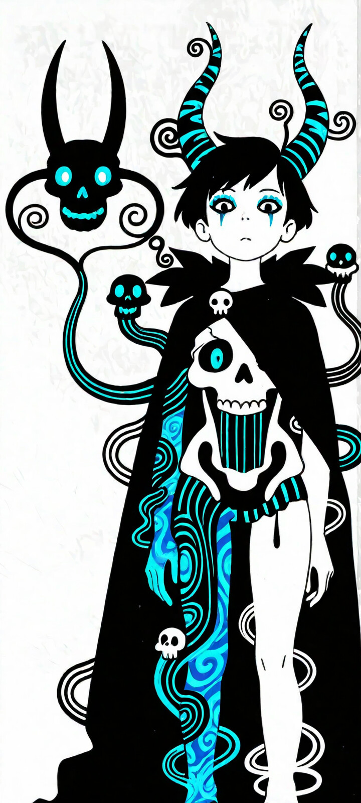 An illustration of a gothic girl with black hair and large, colorful striped horns. She wears a black cape with a skull on the front, and rainbow-colored tentacles swirl around her.