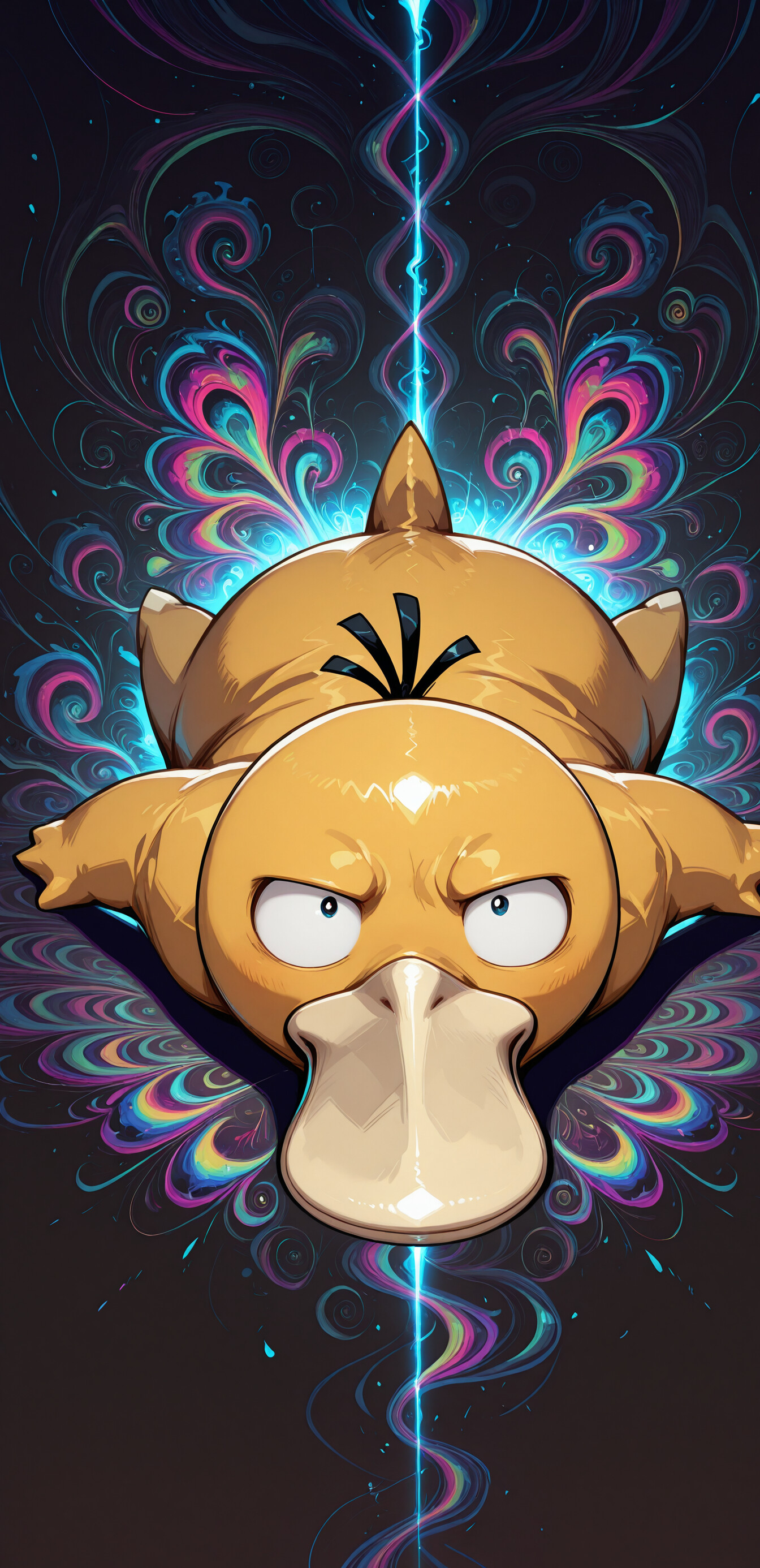 The Pokémon Psyduck stands front and center with a confused and stressed expression, wide eyes, and furrowed brow. Behind it, a dark background is illuminated by a symmetrical fan of vibrant, swirling psychedelic patterns in pink, blue, yellow, and green.