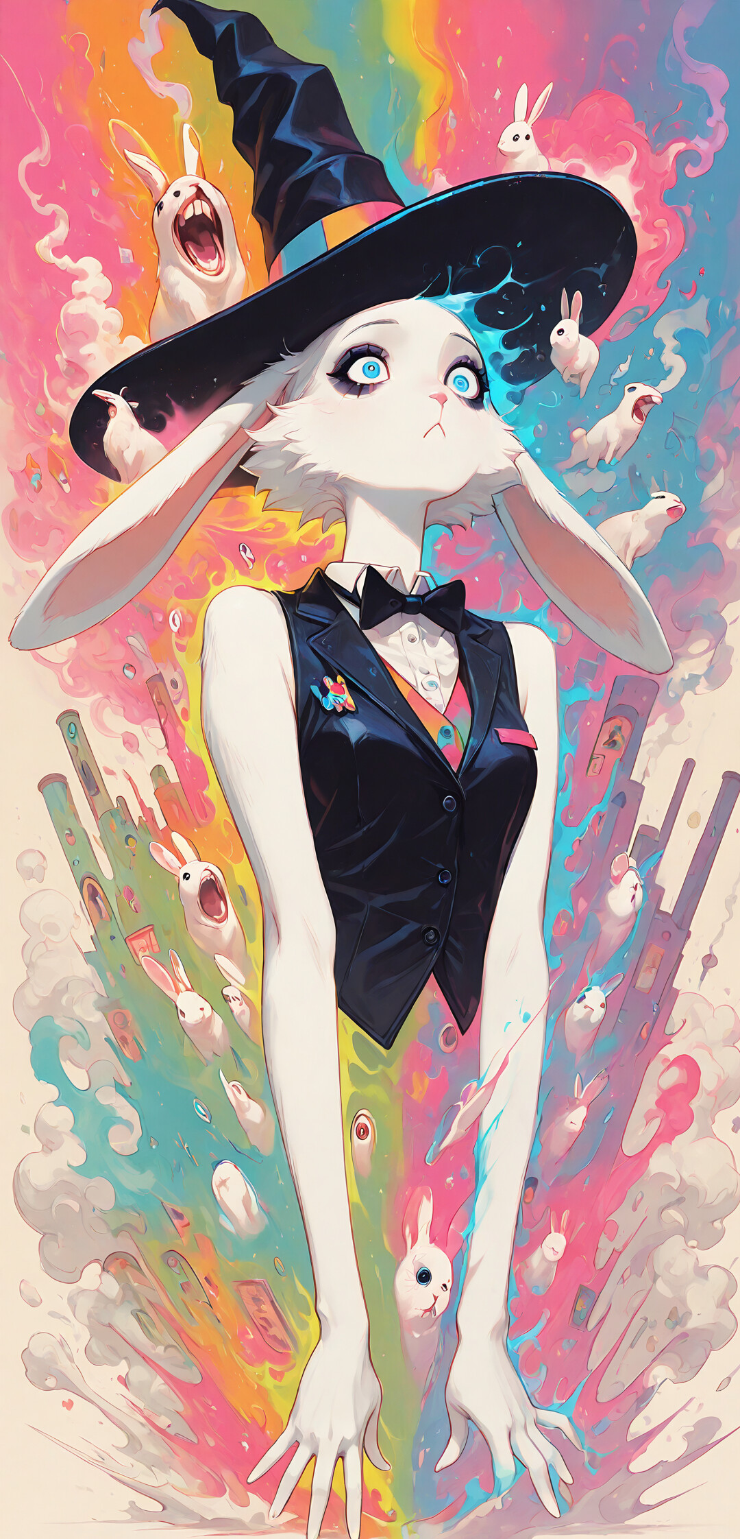 An anime-style illustration of a white rabbit girl with large blue eyes wearing a black magician's hat and vest. She is looking up in surprise at a chaotic, colorful explosion of smoke and light, with two smaller white rabbits on either side of her head.