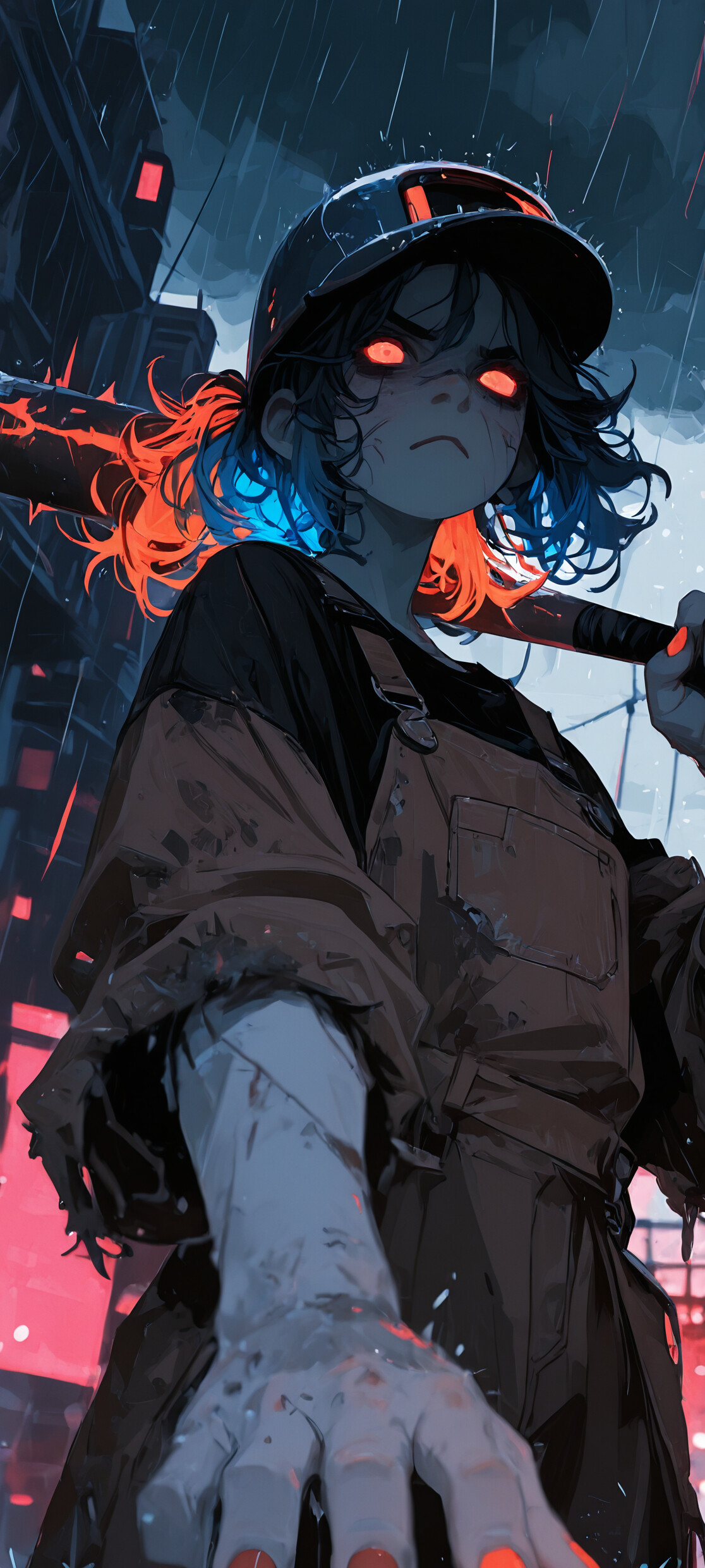 A low-angle digital illustration of a young woman with glowing red eyes and blue-highlighted hair, wearing a helmet and overalls. She holds a baseball bat over her shoulder in a rainy city at night, her hand with glowing red nails reaching forward.