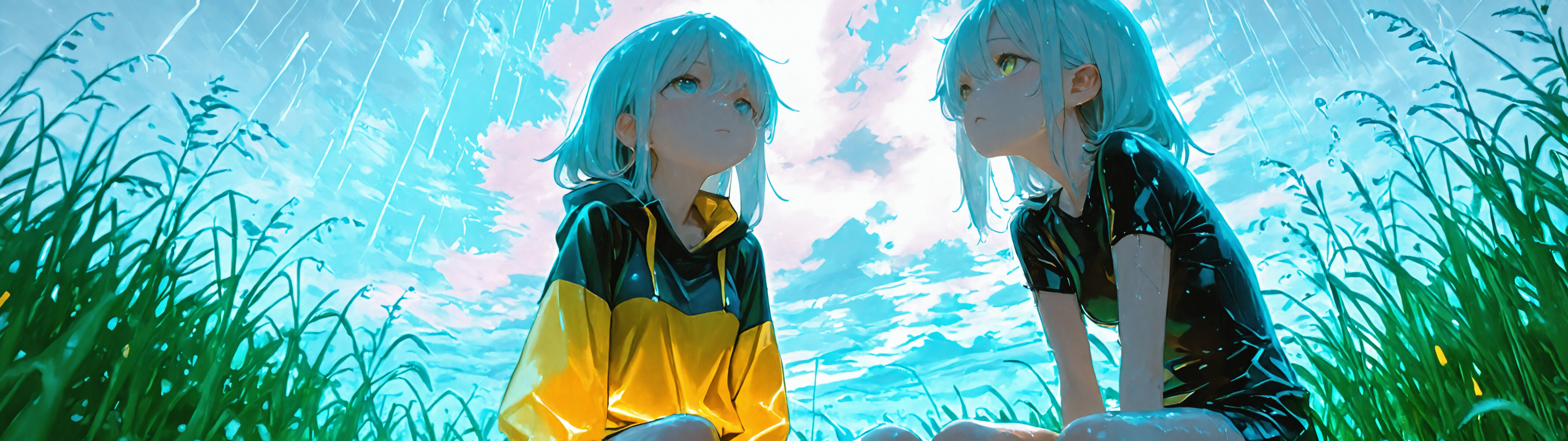 An anime girl sitting in tall grass under heavy rain, with misty skies and soft lighting creating a dreamy, melancholic atmosphere.