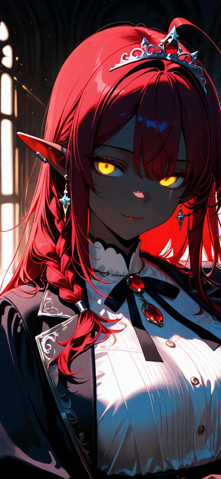 An illustration of a dark elf woman with long red hair, glowing yellow eyes, and a silver tiara. She is wearing a white blouse and black jacket and is standing in a room with dramatic, shadowy lighting.