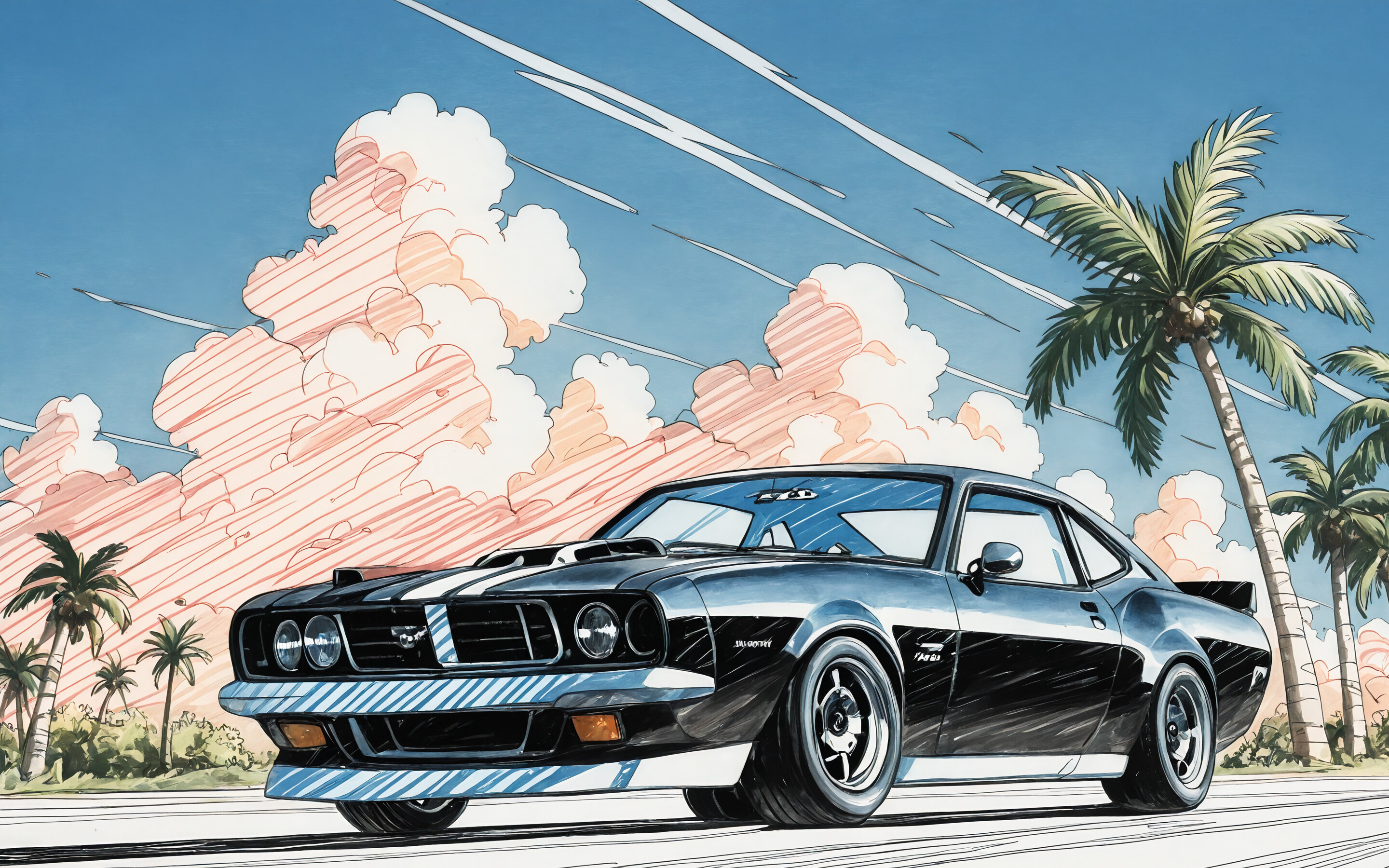 An anime-style digital painting of a classic black Ford Mustang with white and red racing stripes, shown in two dynamic angles as it speeds down a coastal highway lined with palm trees.