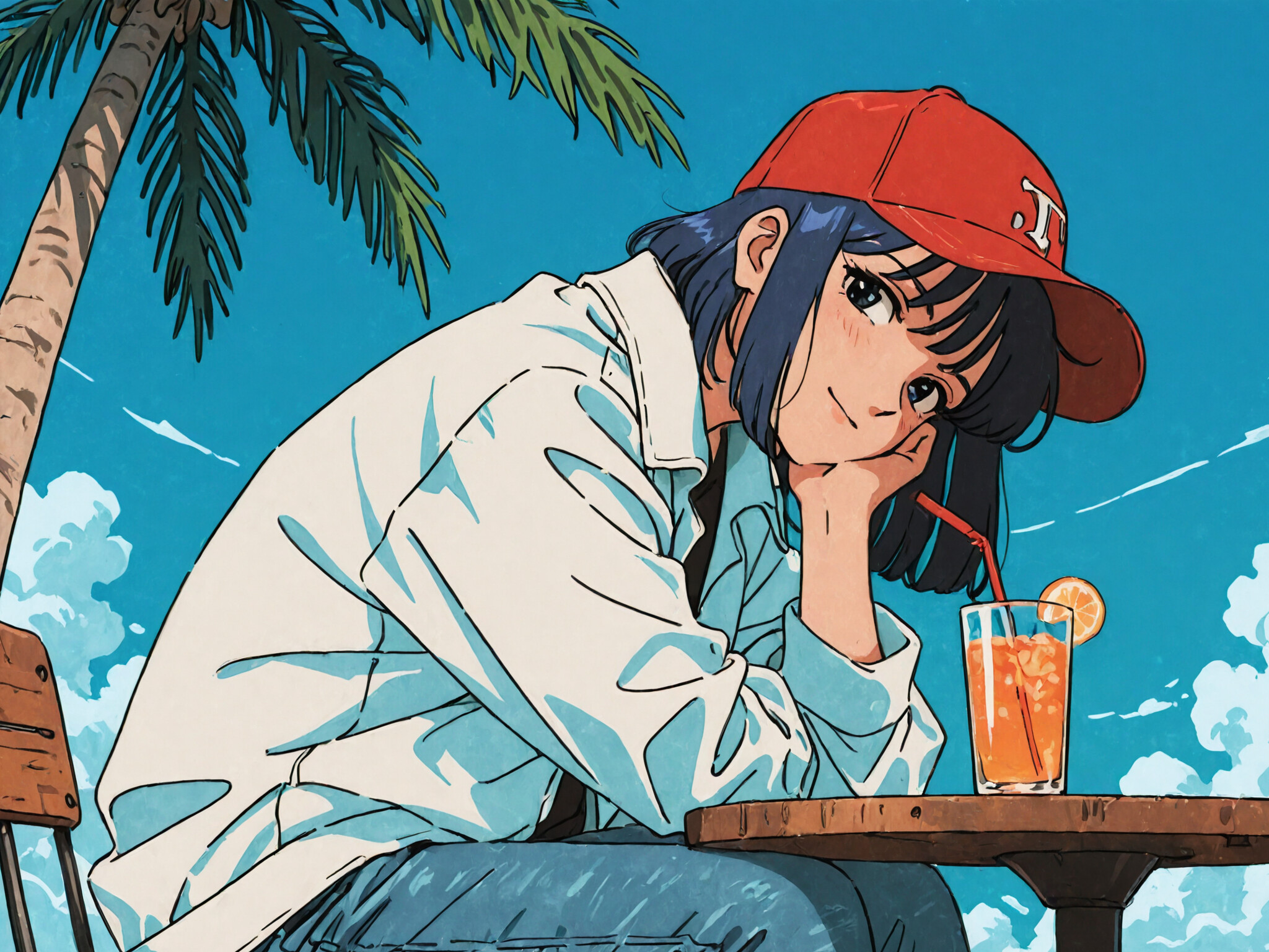 An anime-style illustration of a girl with dark hair wearing a red baseball cap and white jacket, sitting at a table outdoors. She is smiling at the viewer with her chin resting on her hand, next to a glass of iced tea, with palm trees and the ocean in the background.