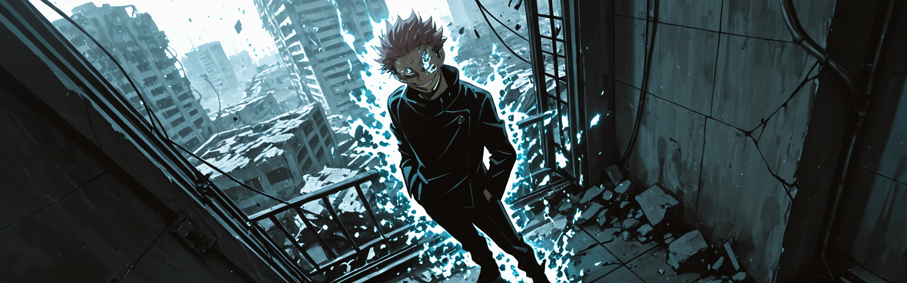 Ryomen Sukuna from Jujutsu Kaisen standing in a destroyed city, smirking menacingly at the camera from a high-angle perspective.