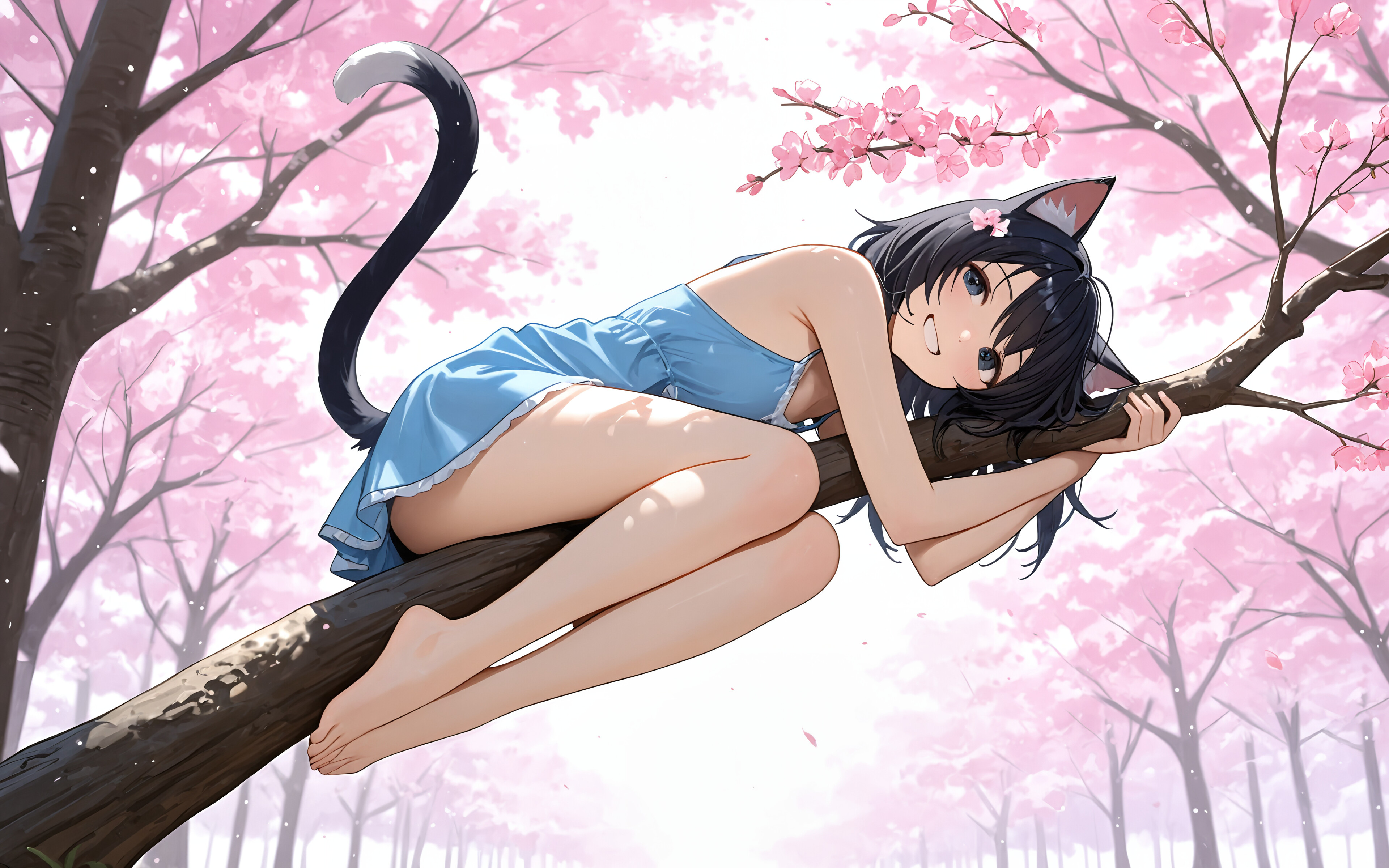 An anime cat girl with black hair and a blue dress sitting on a cherry blossom tree branch, smiling warmly. A small black and white cat is lying next to her.