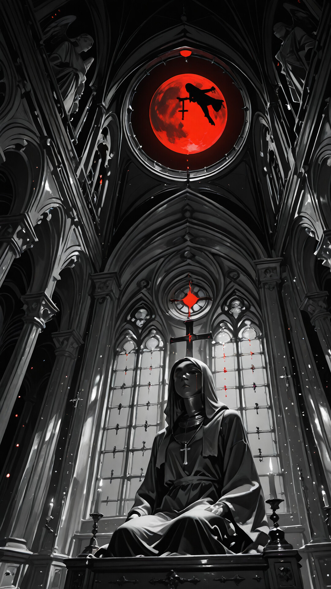 A low-angle digital painting of a massive white statue of a hooded woman in a dark gothic cathedral. Behind her, a large, blood-red moon shines through a window, casting an ominous glow on the predominantly black and white scene.