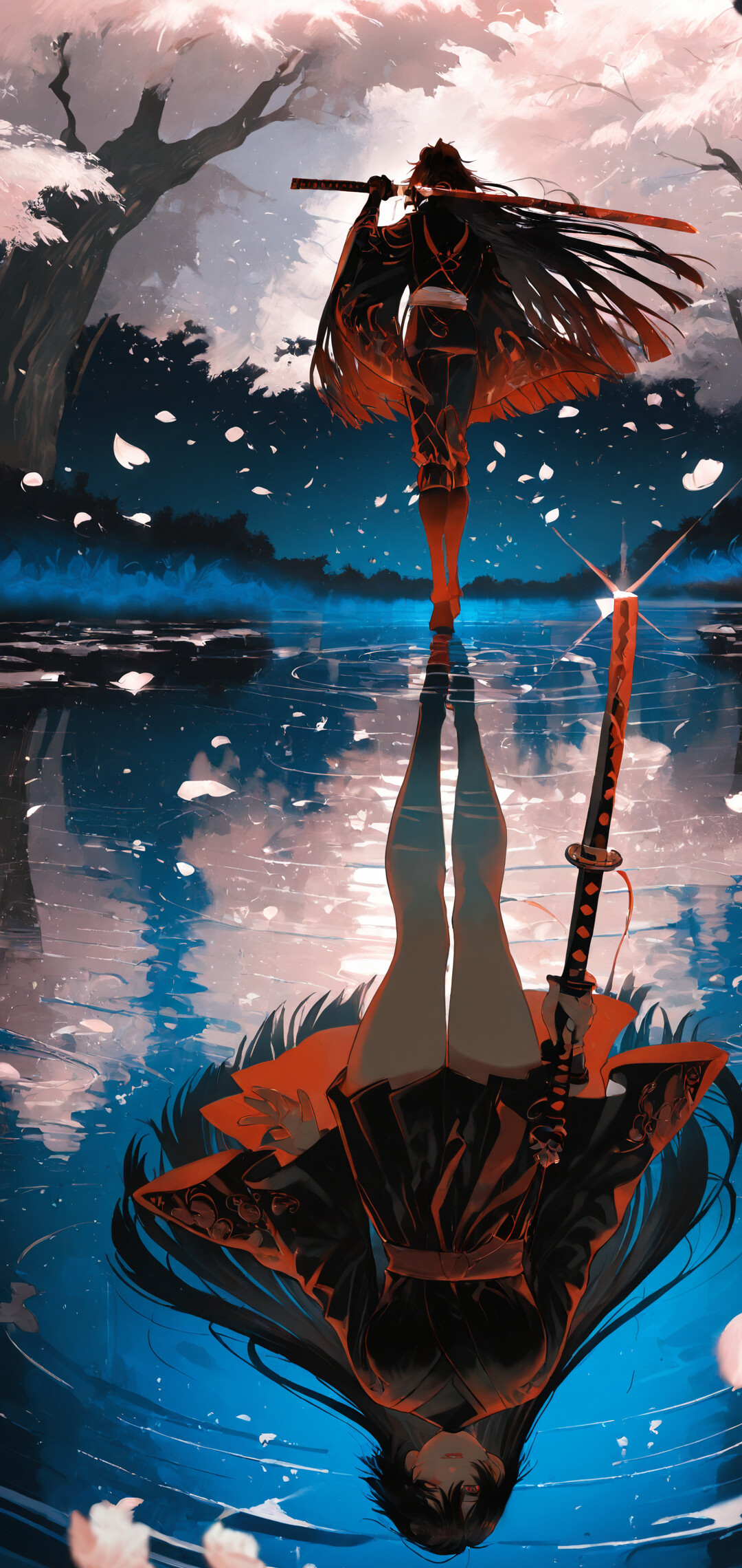 An anime-style illustration of Sasuke Uchiha from Naruto standing on water under a night sky with sakura trees. His reflection in the water reveals his true face, creating a duality theme.