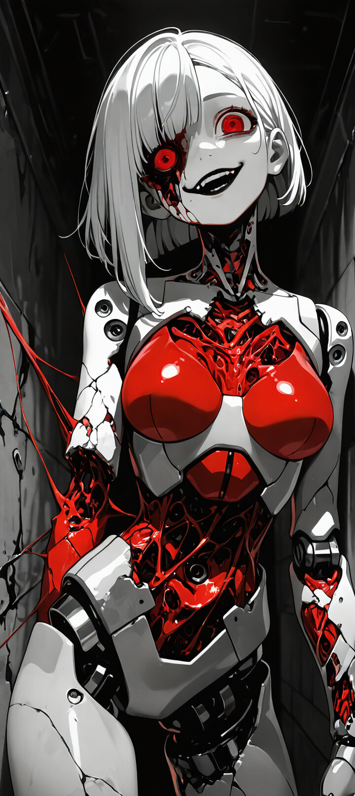 A horror-themed illustration of a female android with short black hair, a cracked white face, glowing red eyes, and a creepy smile. Her red robotic body is damaged, and she is crawling on broken ground in front of a large, dripping red moon.