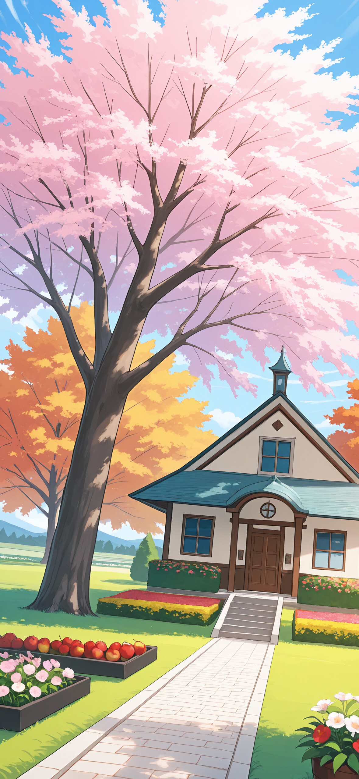 An anime-style illustration of a Japanese house with a dark gabled roof nestled among blooming pink cherry blossom trees. A stone path leads up to the house on a bright green lawn under a blue sky.