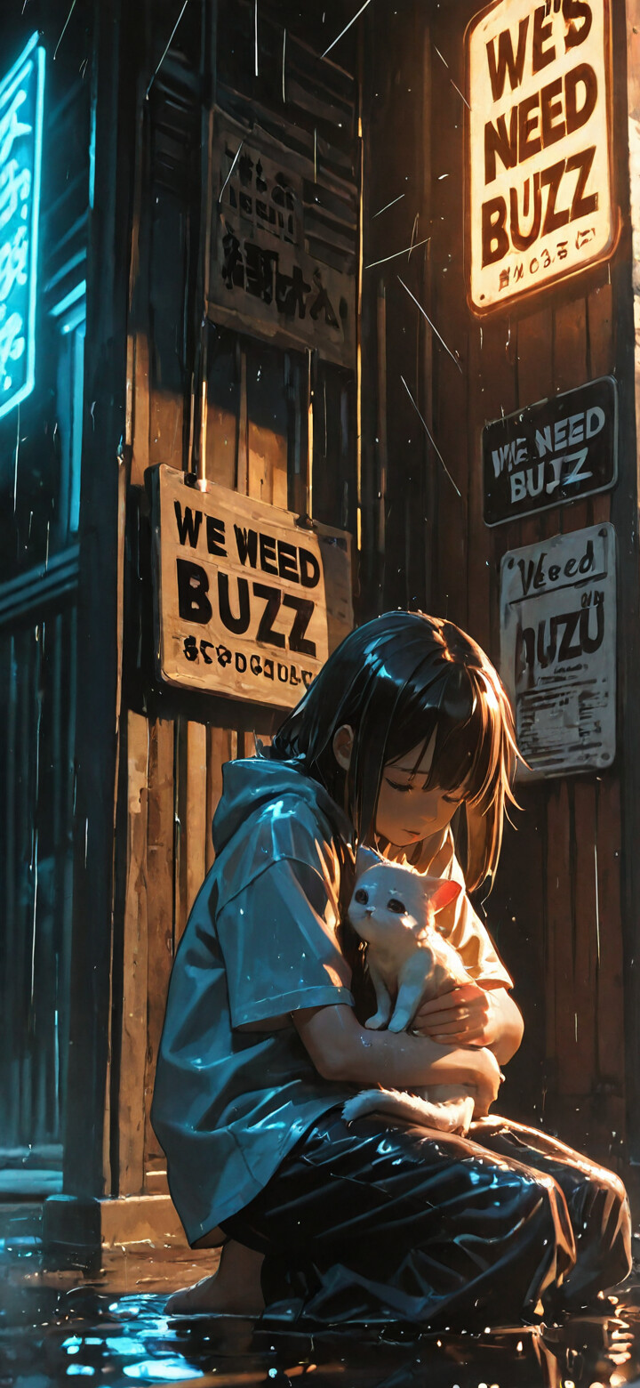 A young person with dark hair kneels in a dark, rainy alley, protectively cradling a small white kitten in their arms as rain falls around them.