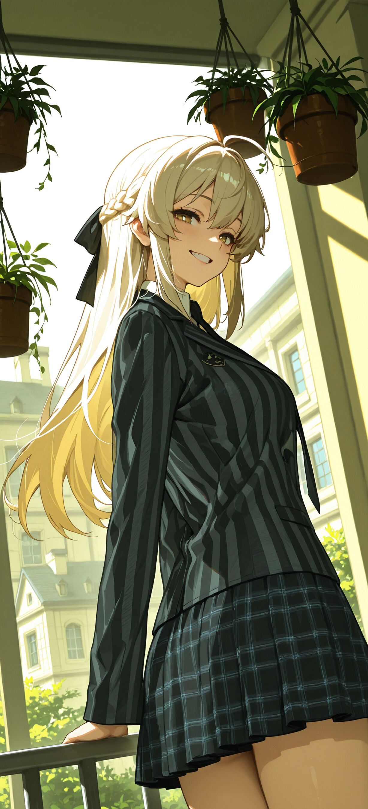 An anime girl, Shokuhou Misaki, with long blonde hair and a black ribbon, smiles over her shoulder while standing on a sunny balcony. She is wearing a striped jacket and a plaid skirt, surrounded by hanging plants.