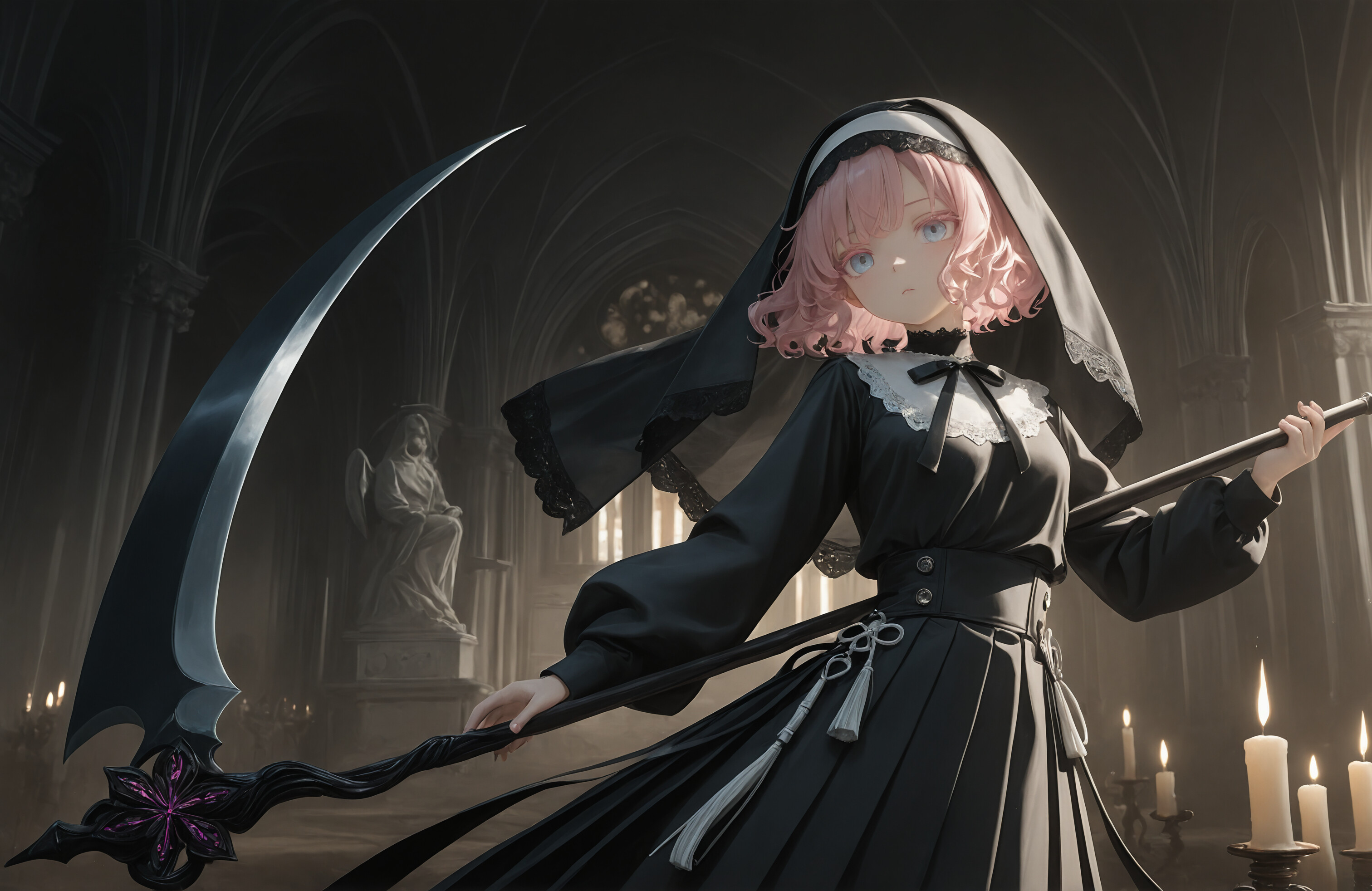 A young anime girl with short pink hair and blue eyes, dressed as a nun in a black habit and veil, stands inside a dark gothic church holding a large, ornate purple and black scythe.