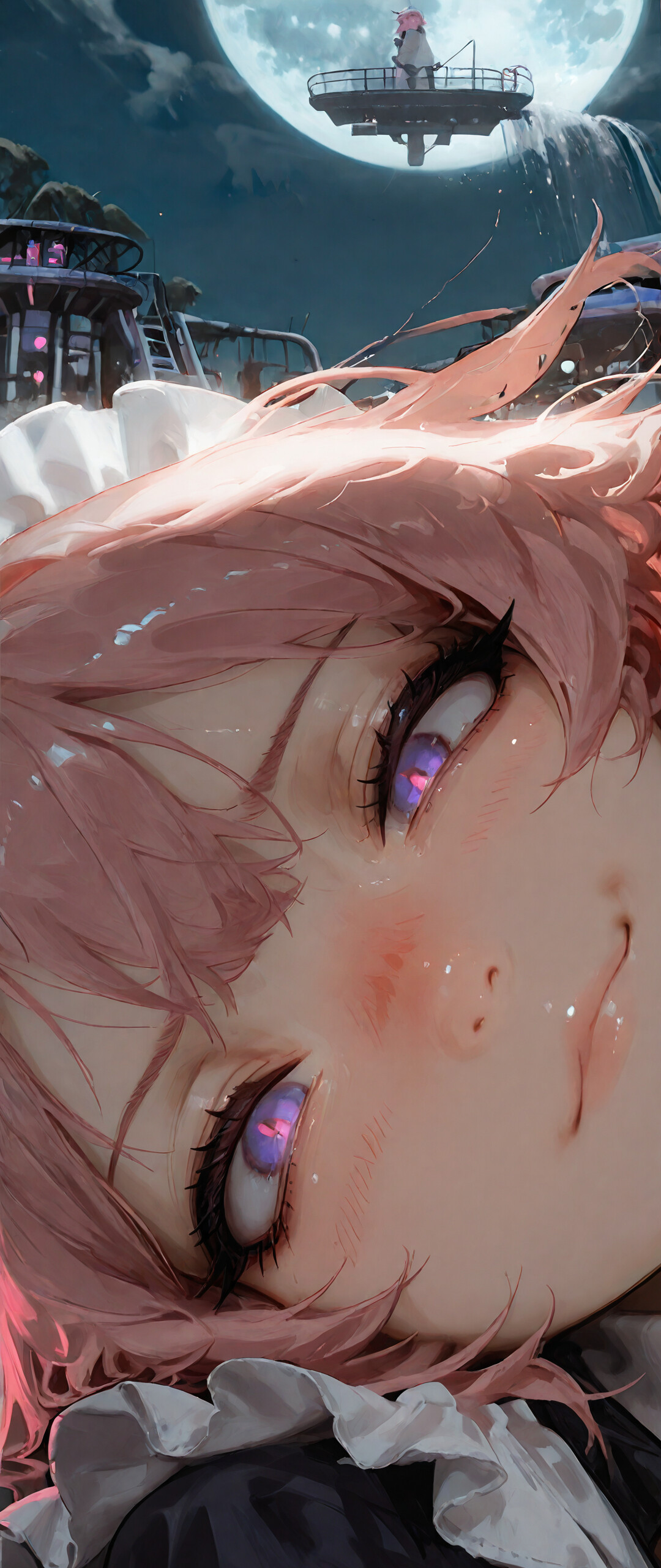 An anime-style digital illustration of a pink-haired maid with glowing purple eyes, looking down with a smug smile against a backdrop of a city at night with a large full moon.