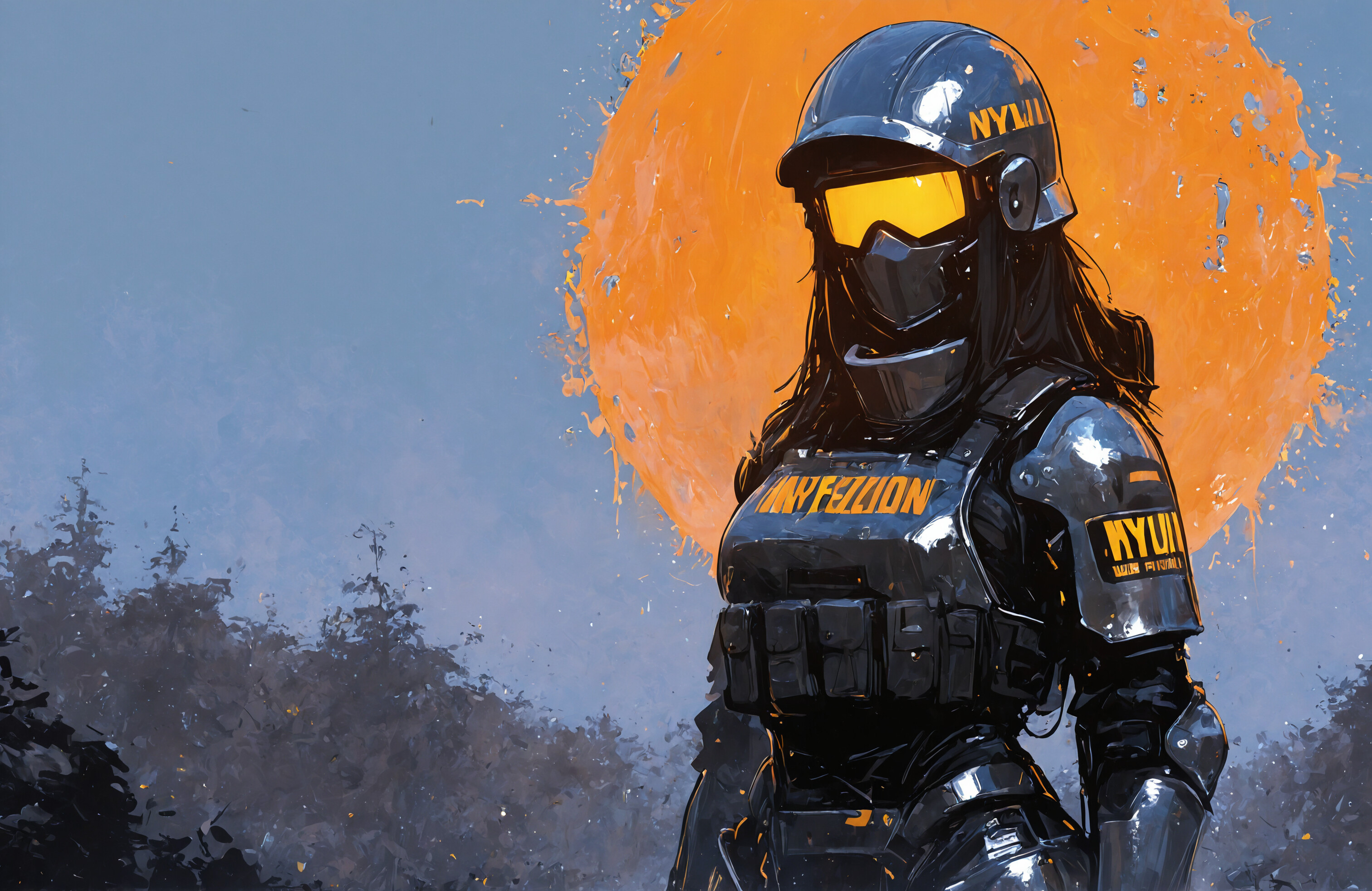 A full-body illustration of a futuristic warrior in sleek black armor. The helmet has a large, glowing orange circular visor, and a similar orange core glows on the chest. A bright orange sunburst emanates from behind the head against a dark, starry sky.