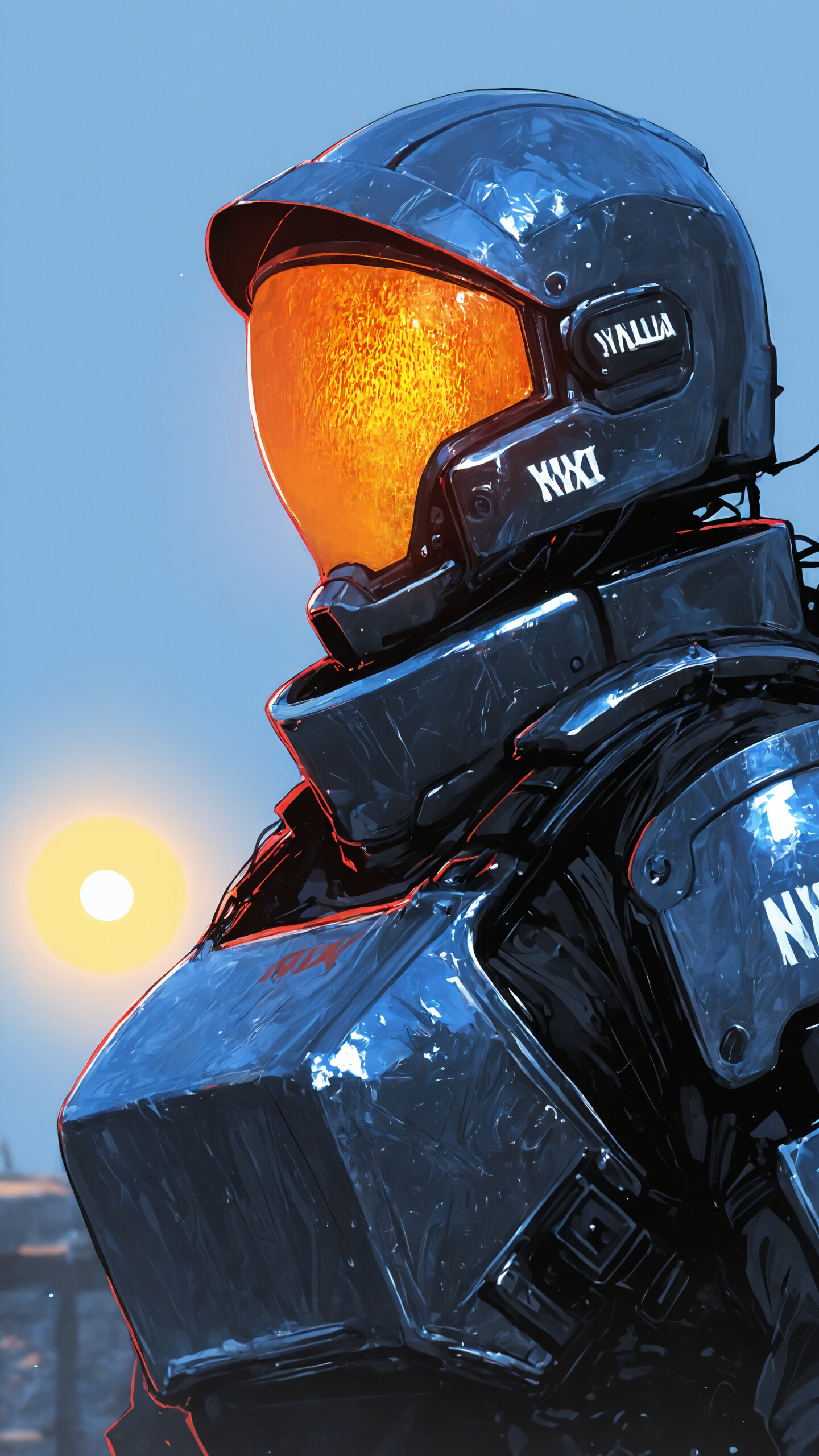 A full-body illustration of a futuristic warrior in sleek black armor. The helmet has a large, glowing orange circular visor, and a similar orange core glows on the chest. A bright orange sunburst emanates from behind the head against a dark, starry sky.