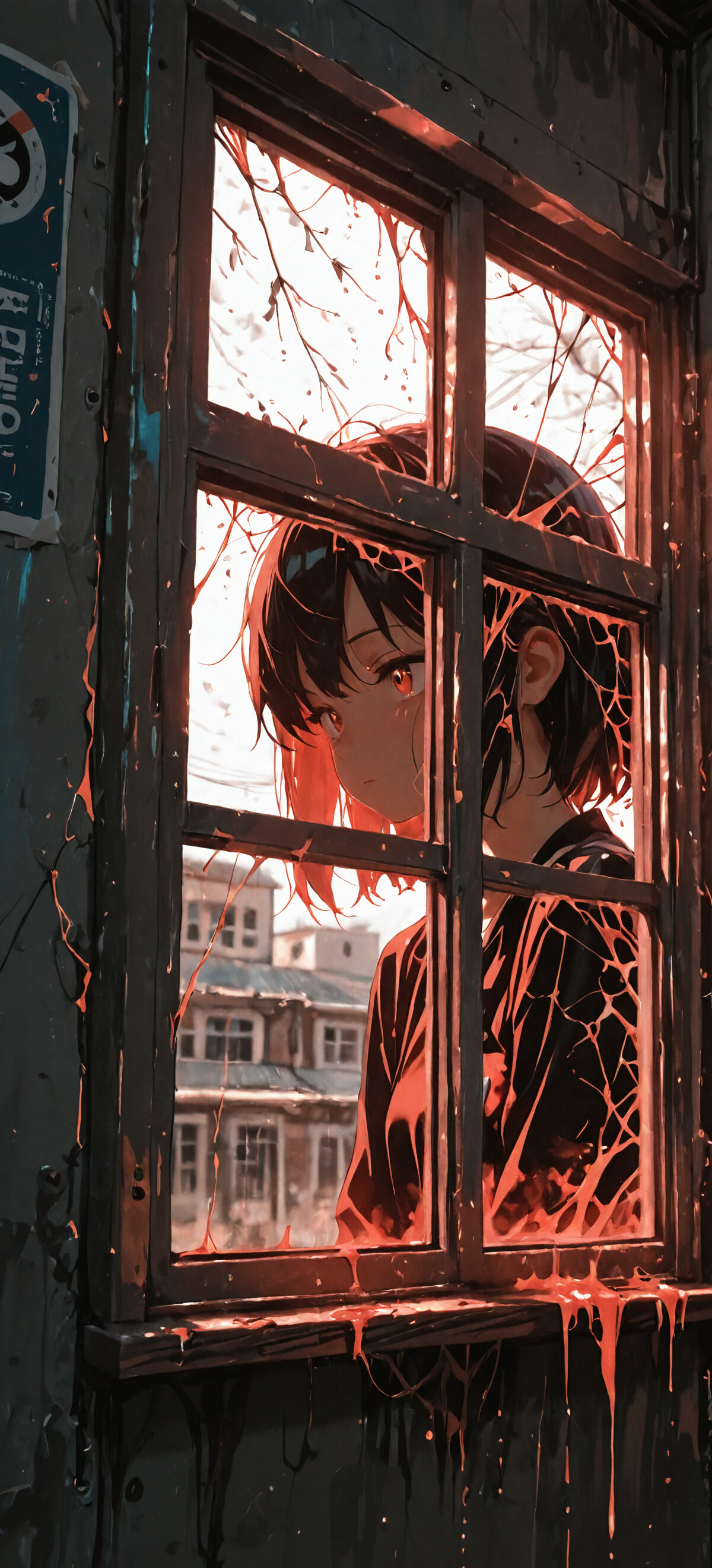 An anime girl with short dark hair wearing a black robe stands in silhouette before a large, bright window in a dark, dilapidated room. Golden sunlight streams through the window, highlighting dust in the air.