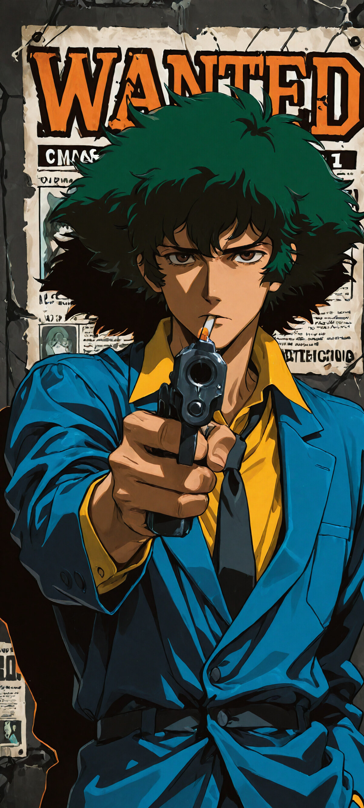 Spike Spiegel from Cowboy Bebop pointing a gun forward with a serious expression and a cigarette in his mouth, standing in front of a wall with graffiti and a wanted poster.