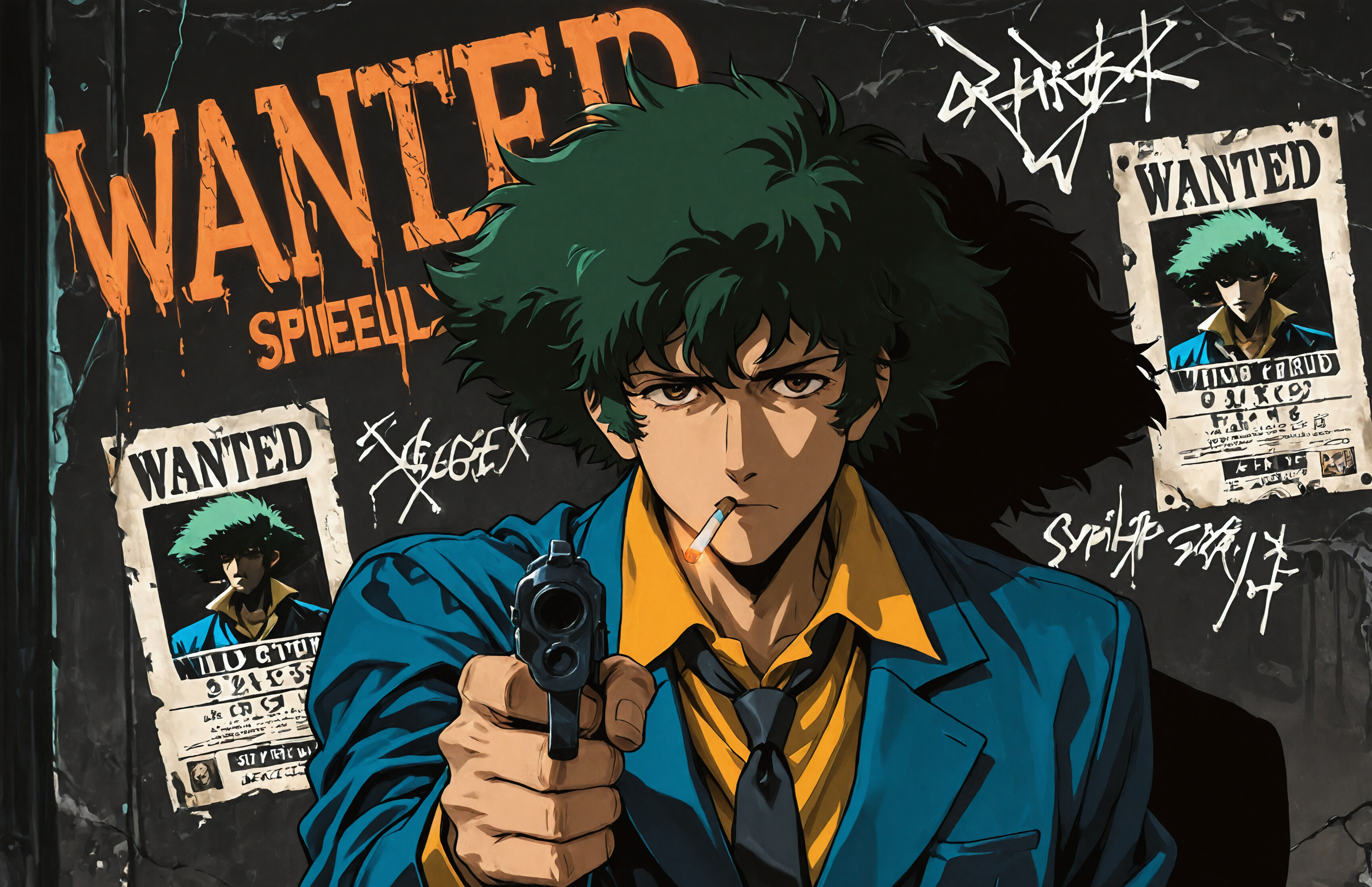 Spike Spiegel from Cowboy Bebop pointing a gun forward with a serious expression and a cigarette in his mouth, standing in front of a wall with graffiti and a wanted poster.