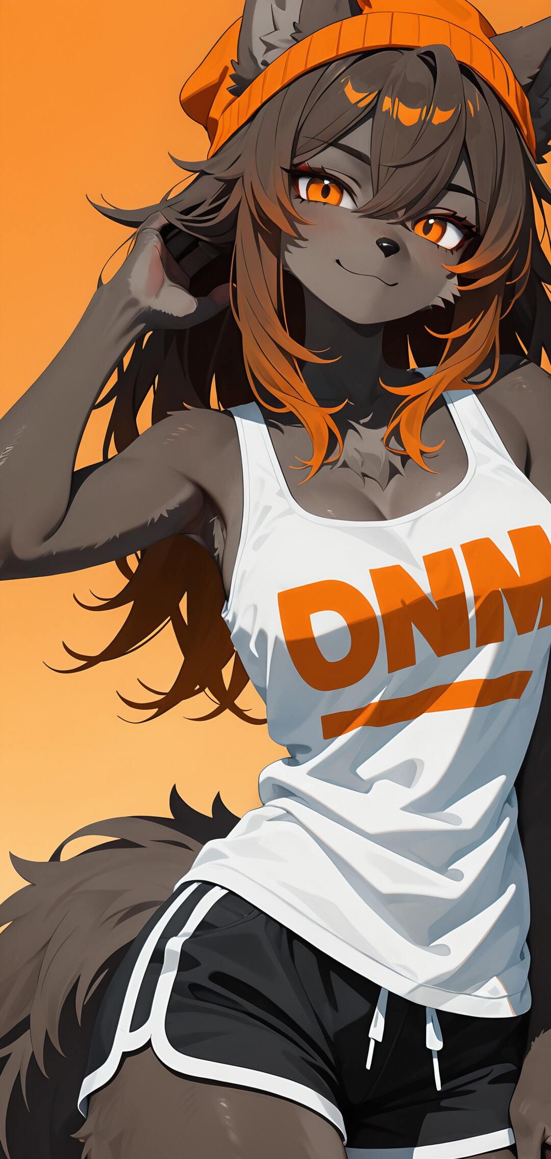 An anime-style illustration of a female anthropomorphic wolf with long brown hair and orange eyes, smiling at the viewer. She is wearing a sporty outfit consisting of an orange beanie, a white tank top, and black shorts.