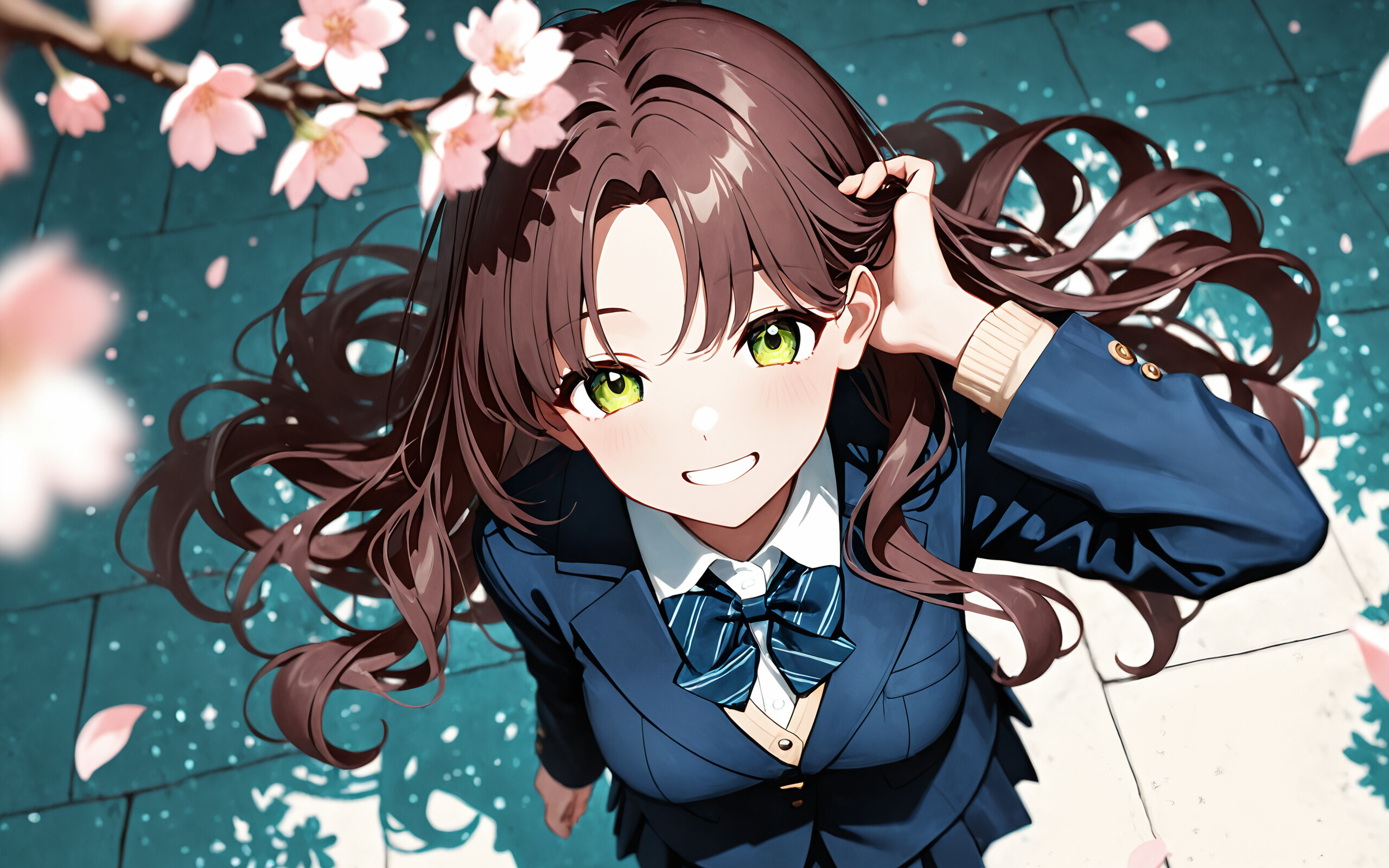 An anime girl with long brown hair and green eyes, wearing a blue school uniform, looks up and smiles while standing under cherry blossom trees with falling petals.
