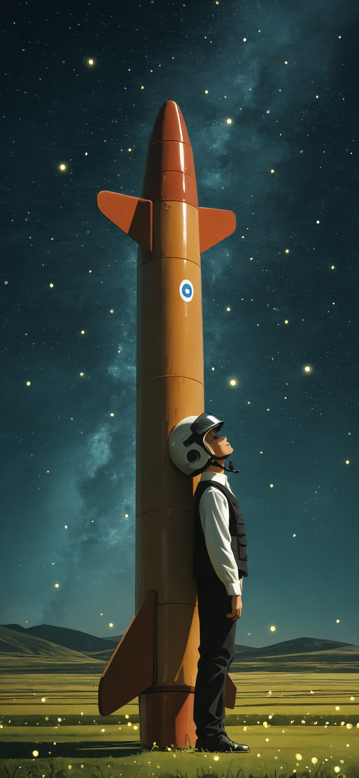 A young boy in a vintage pilot helmet and formal vest stands in a field at night, hugging a tall orange rocket. He gazes up at a sky filled with stars and shooting stars, while glowing lights dot the ground around him.