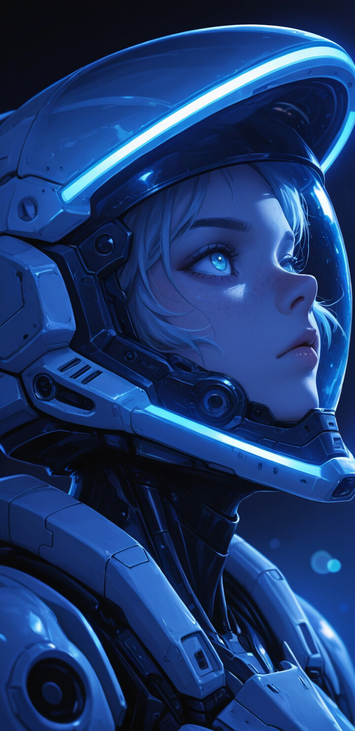 A close-up illustration of a young woman in a futuristic blue and black astronaut helmet and suit, illuminated by glowing blue neon lights. She has dark hair, freckles, and detailed blue eyes, and is looking up and to the side against a dark background with blue bokeh lights.