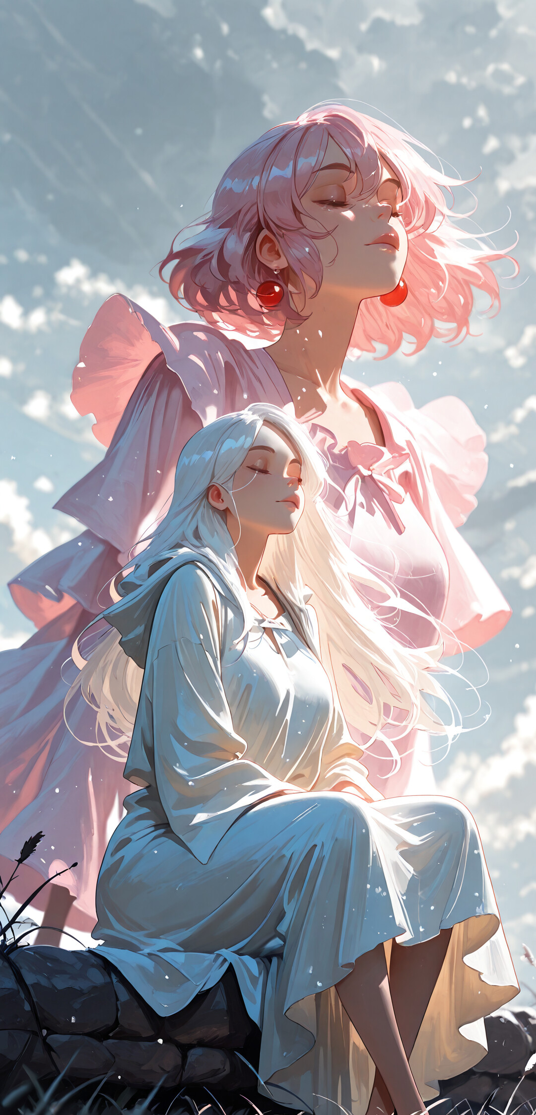 An anime-style digital painting of a young woman with long white hair in a pink hooded robe, sitting cross-legged on a field of pink petals. Her eyes are closed in meditation as a single, glowing star shines above her in the dark, cloudy sky.