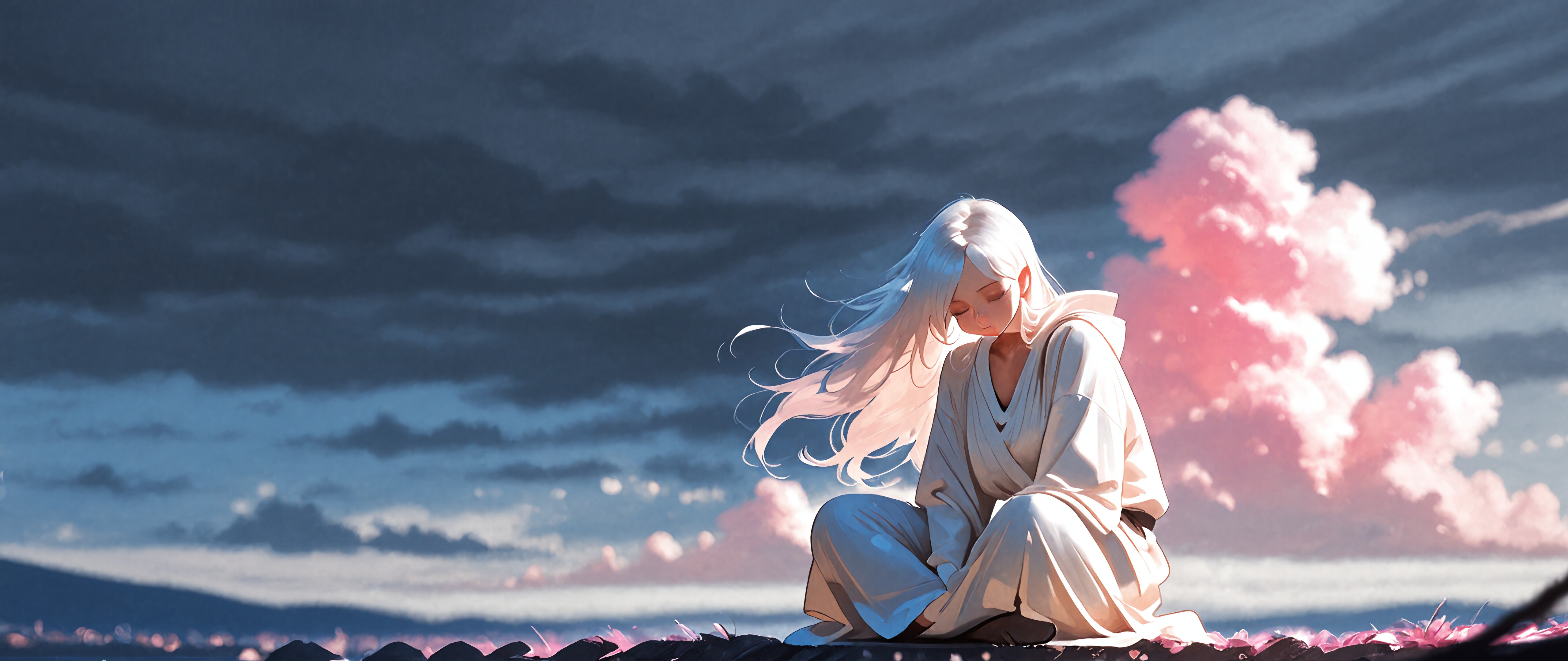 An anime-style digital painting of a young woman with long white hair in a pink hooded robe, sitting cross-legged on a field of pink petals. Her eyes are closed in meditation as a single, glowing star shines above her in the dark, cloudy sky.