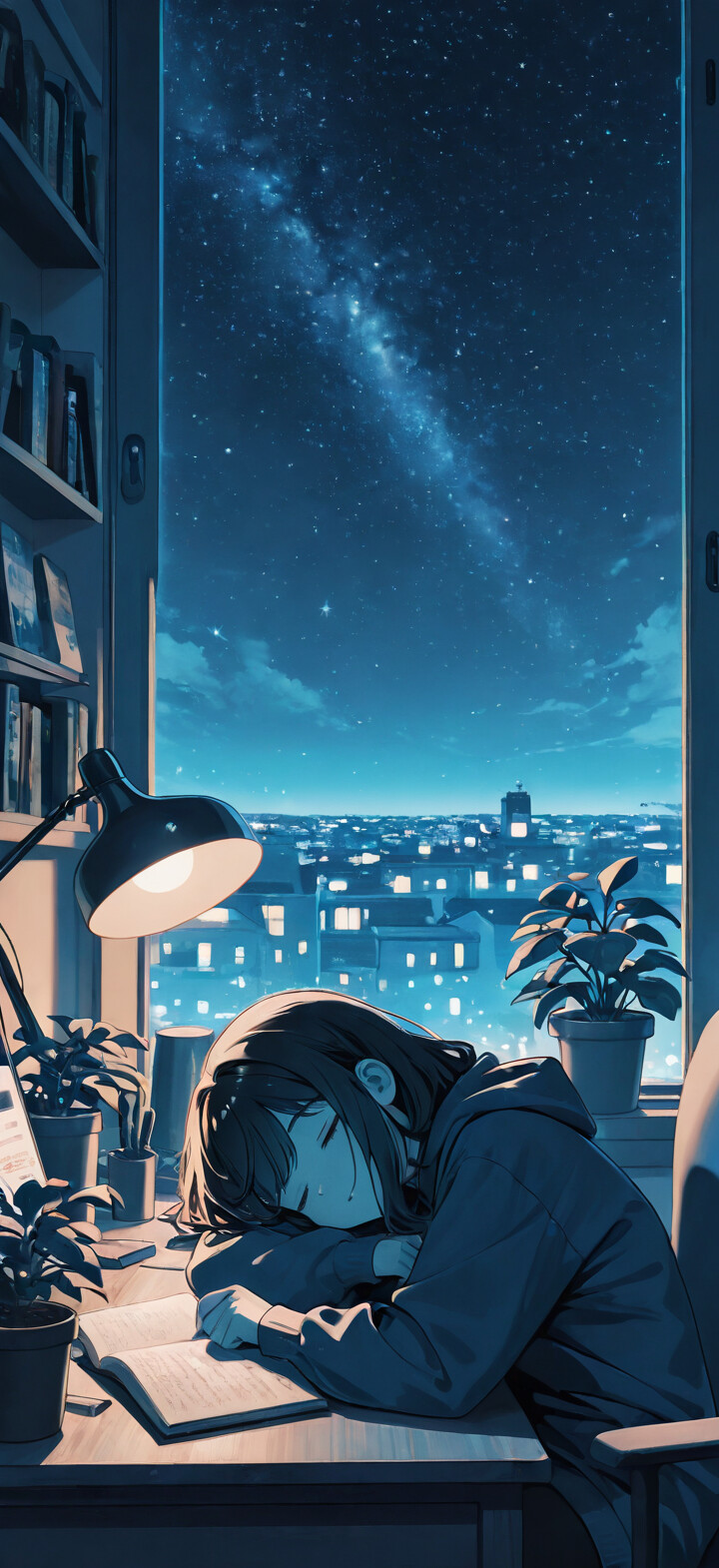 An anime-style illustration of a girl with short dark hair in a blue hoodie, sleeping with her head on her arms at a desk. An open book is in front of her, and a lamp illuminates the scene. A large window behind her shows a starry night sky with shooting stars over a city.