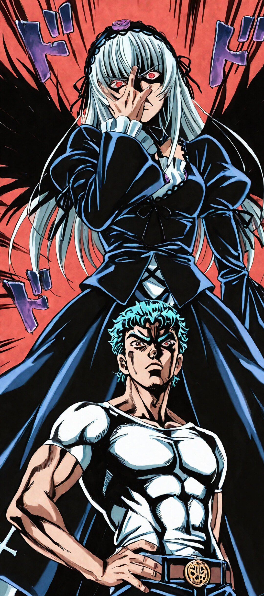 An anime-style illustration of Suigintou from Rozen Maiden with long white hair and red eyes, wearing a black gothic dress. She is striking a dramatic pose, with one hand on her hip and the other over her face, glaring intensely in a style reminiscent of JoJo's Bizarre Adventure.