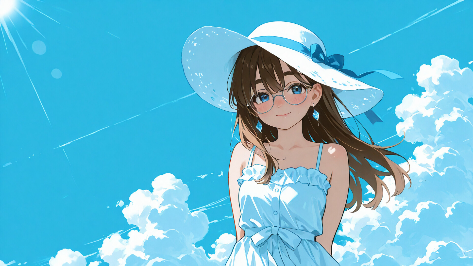 An anime-style girl with long brown hair, blue eyes, and round glasses, wearing a white sun hat and a light blue summer dress, smiling against a backdrop of a bright blue sky with clouds.
