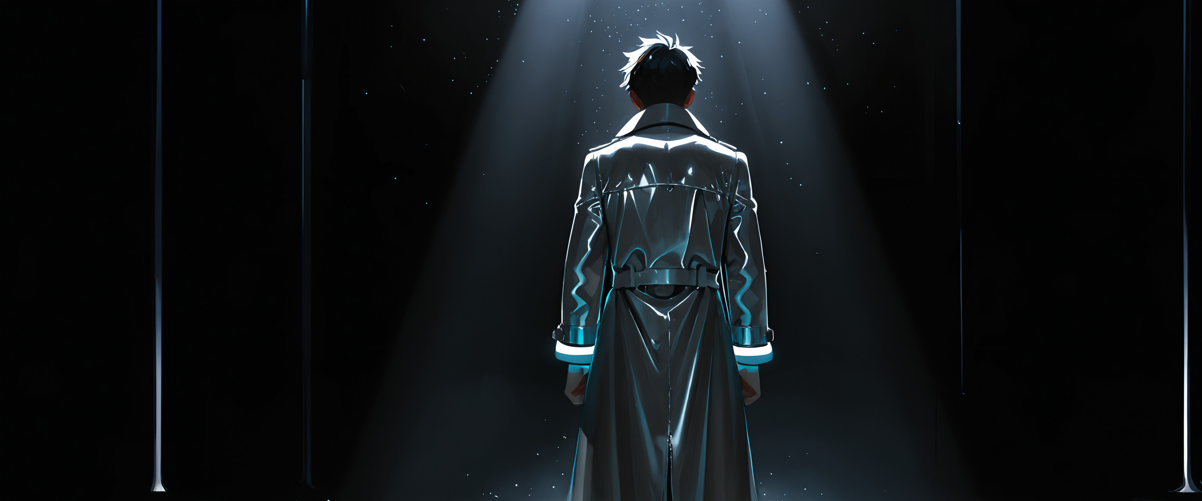 Back view of the anime character Sung Jinwoo from Solo Leveling, standing alone in a dark space under a dramatic white spotlight, wearing a long black trench coat.