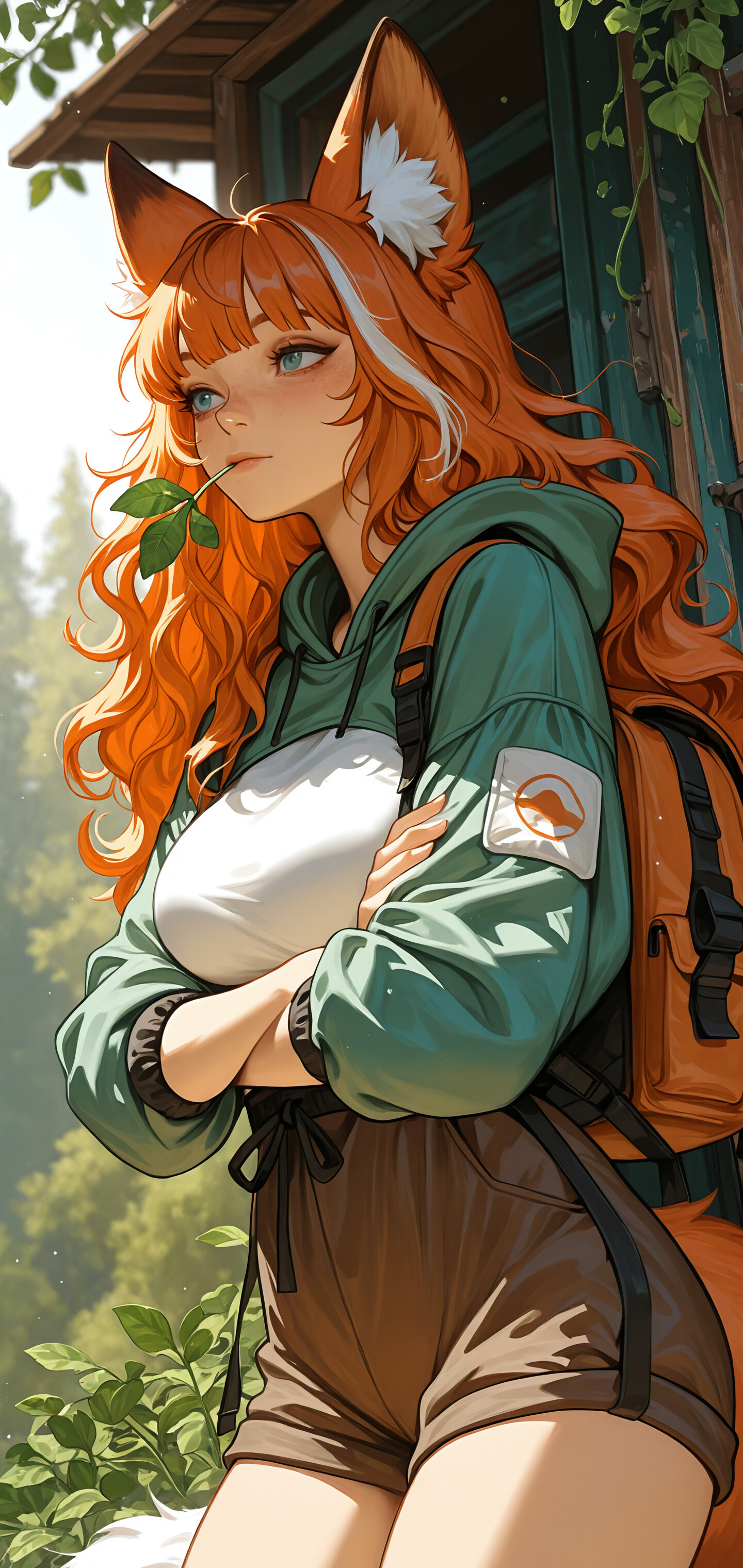 An anime-style girl with long orange hair and fox ears, wearing a hoodie and a backpack, stands outdoors in the sunlight with her arms crossed and a leafy twig in her mouth.