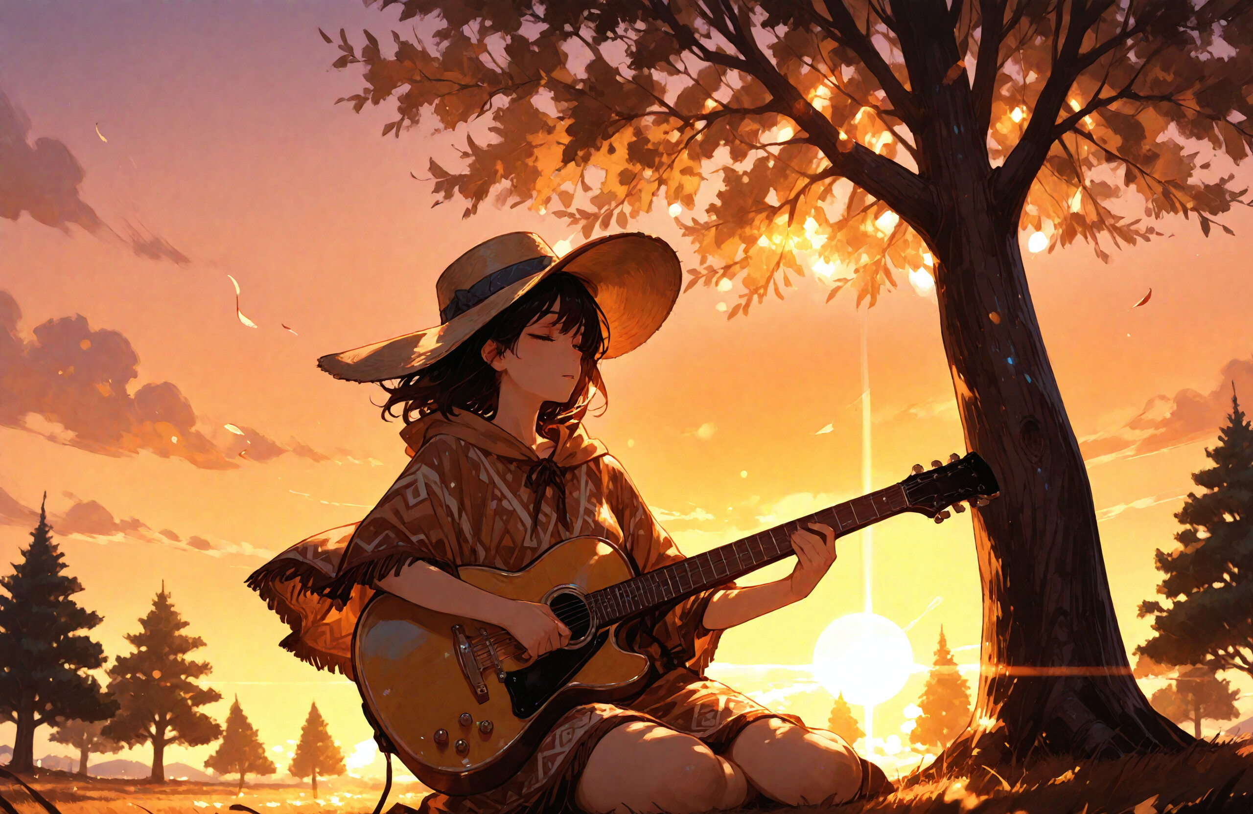 An anime-style girl with dark hair, wearing a poncho and a wide-brimmed hat, sits against a large tree at sunset, peacefully playing an acoustic guitar.