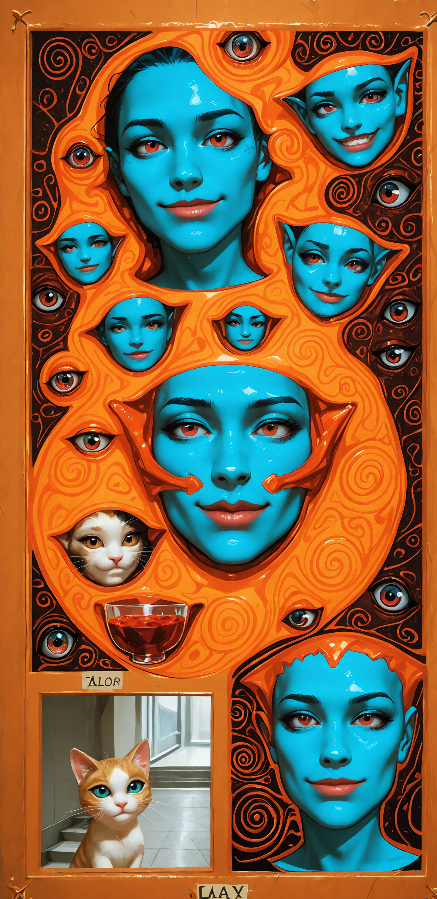 A vertical comic-style collage featuring multiple panels of a woman with blue skin and glowing orange eyes, a blue cat, a ginger cat, and a stairwell, all set against an orange spiral background.